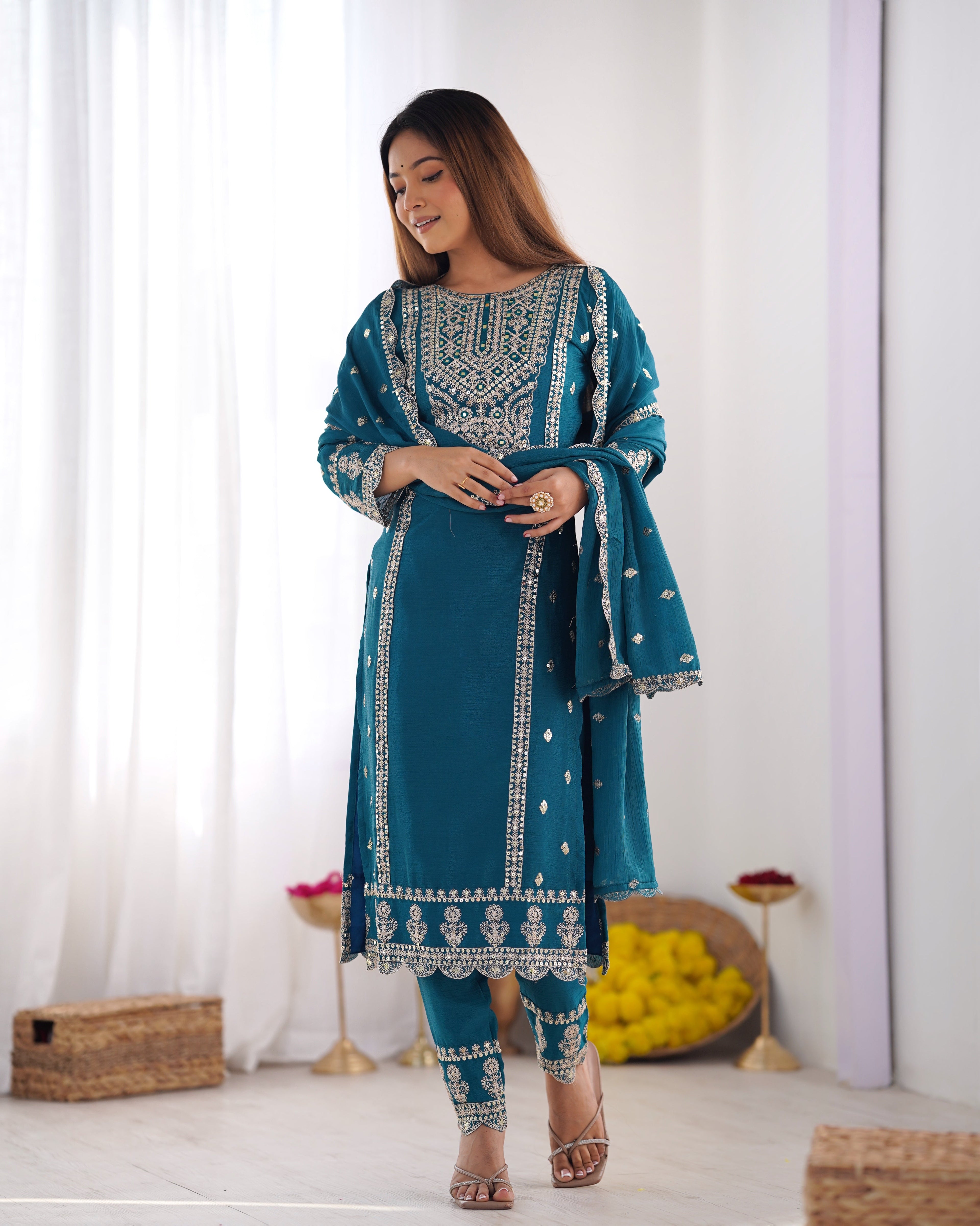Enamoring Teal Blue Chinon Silk Sequins Embroidered Straight Suit - ETHNICDEAL