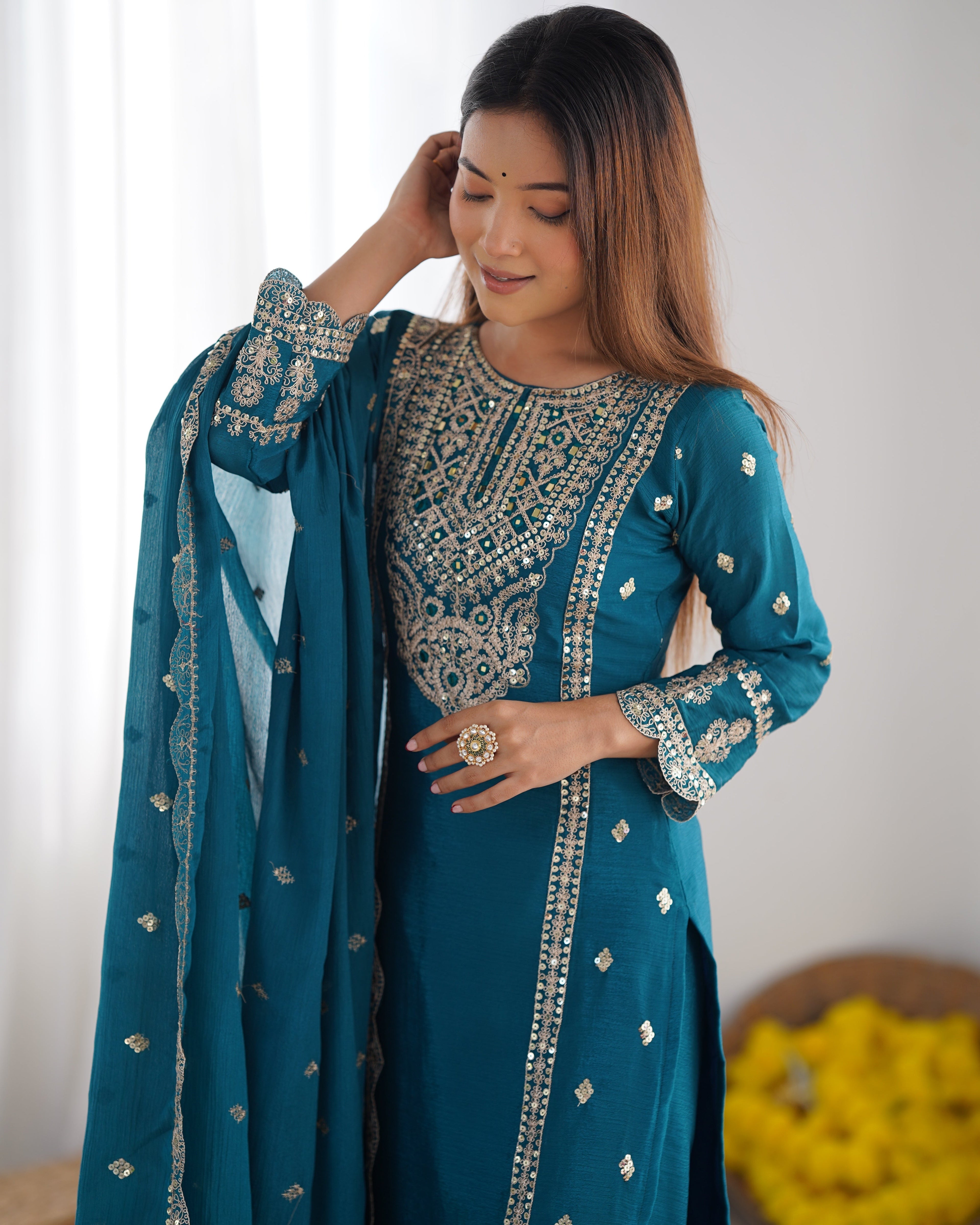 Enamoring Teal Blue Chinon Silk Sequins Embroidered Straight Suit - ETHNICDEAL