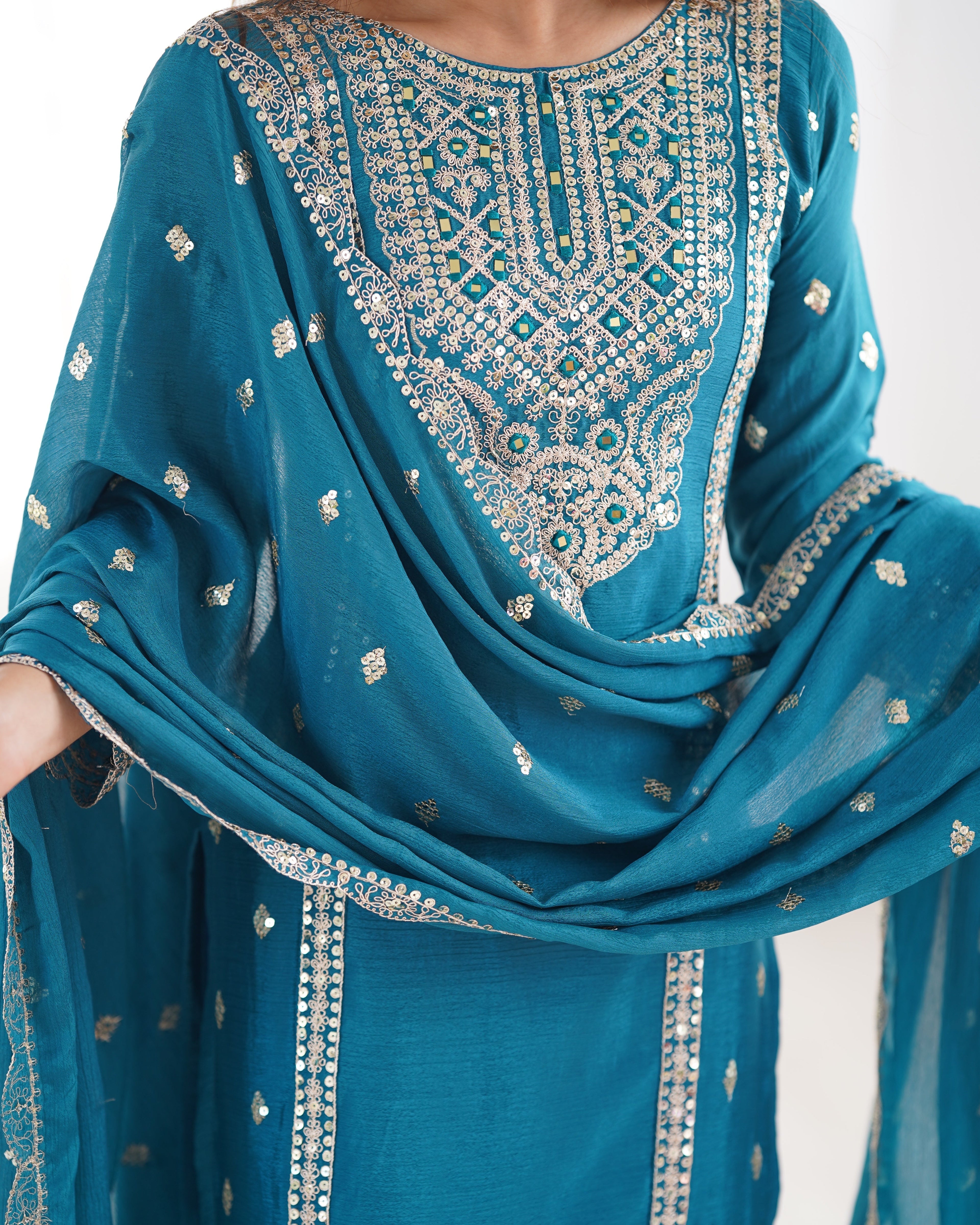 Enamoring Teal Blue Chinon Silk Sequins Embroidered Straight Suit - ETHNICDEAL