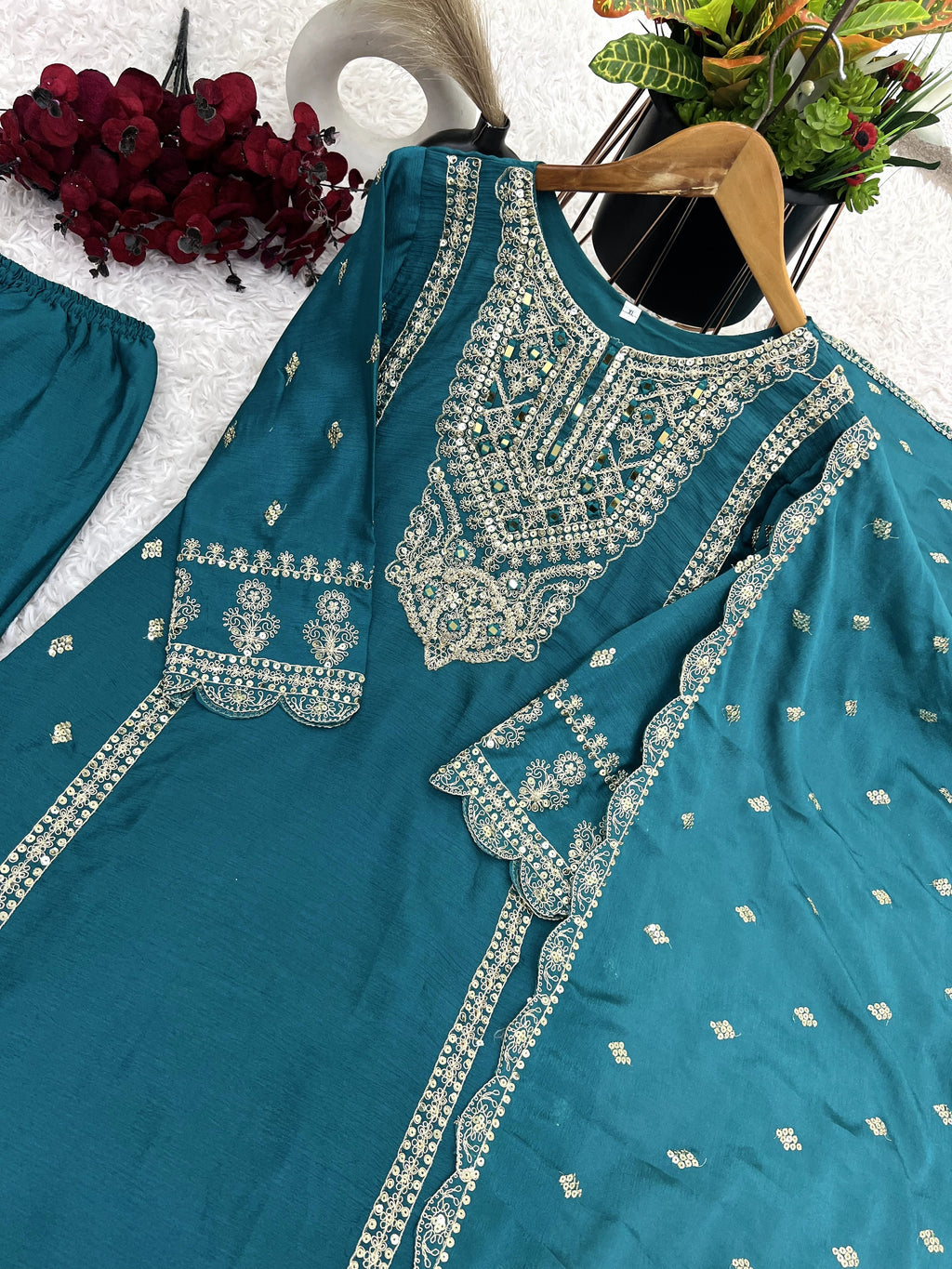 Enamoring Teal Blue Chinon Silk Sequins Embroidered Straight Suit - ETHNICDEAL