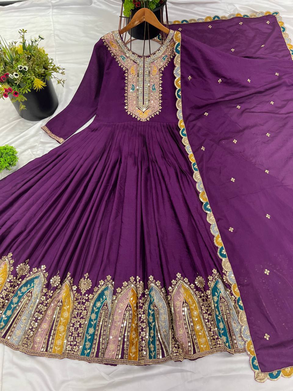 Graceful Embroidered Chinon Silk Fully Stitched Gown With Dupatta - Ethnicwish