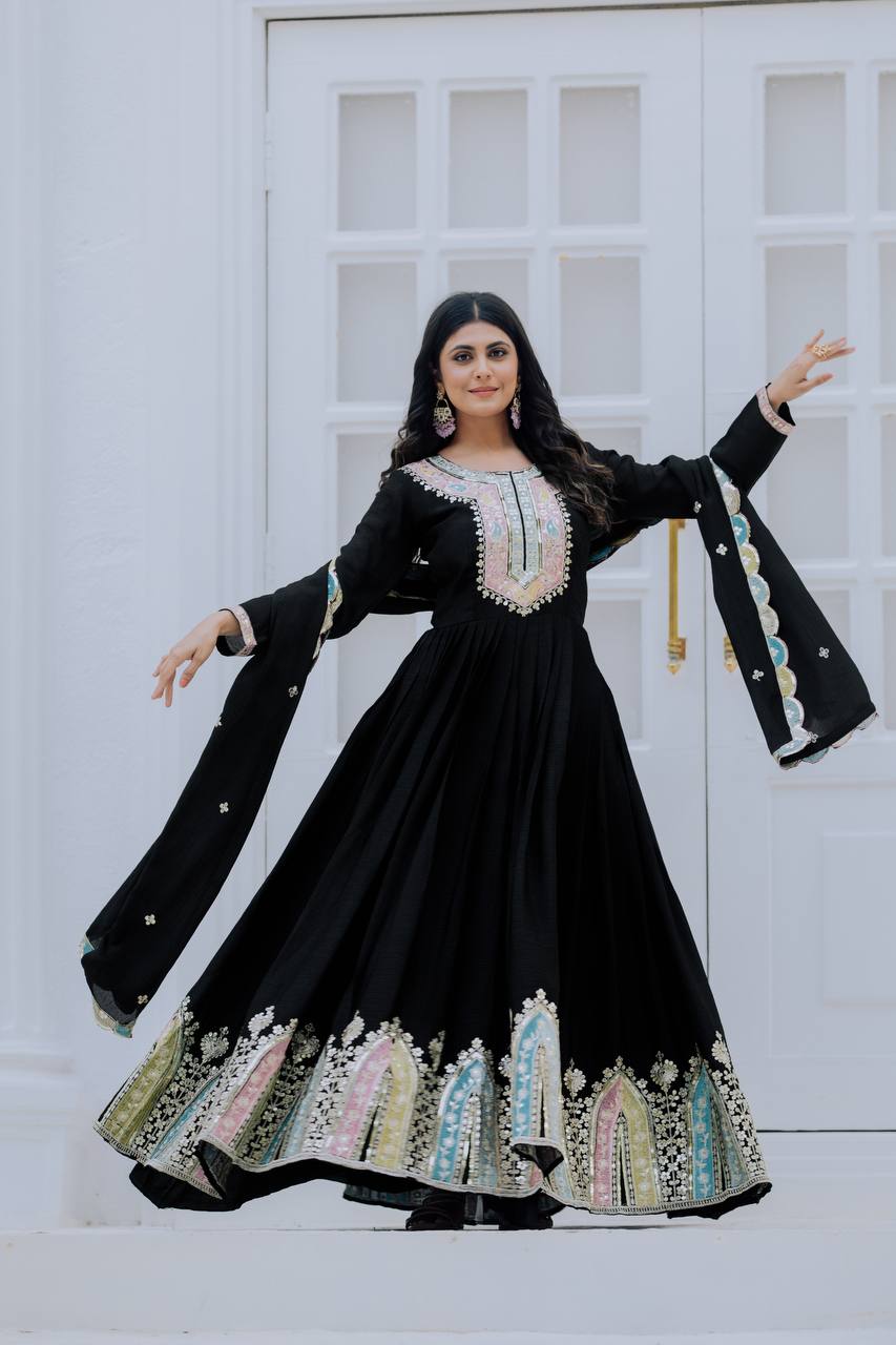 Graceful Embroidered Chinon Silk Fully Stitched Gown With Dupatta - Ethnicwish