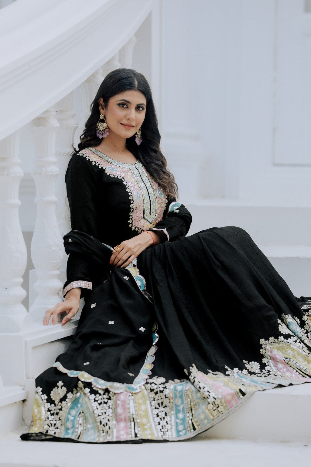 Graceful Embroidered Chinon Silk Fully Stitched Gown With Dupatta - Ethnicwish
