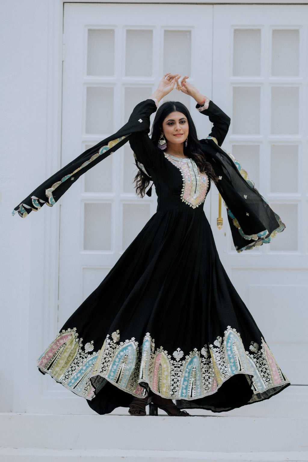 Graceful Embroidered Chinon Silk Fully Stitched Gown With Dupatta - Ethnicwish