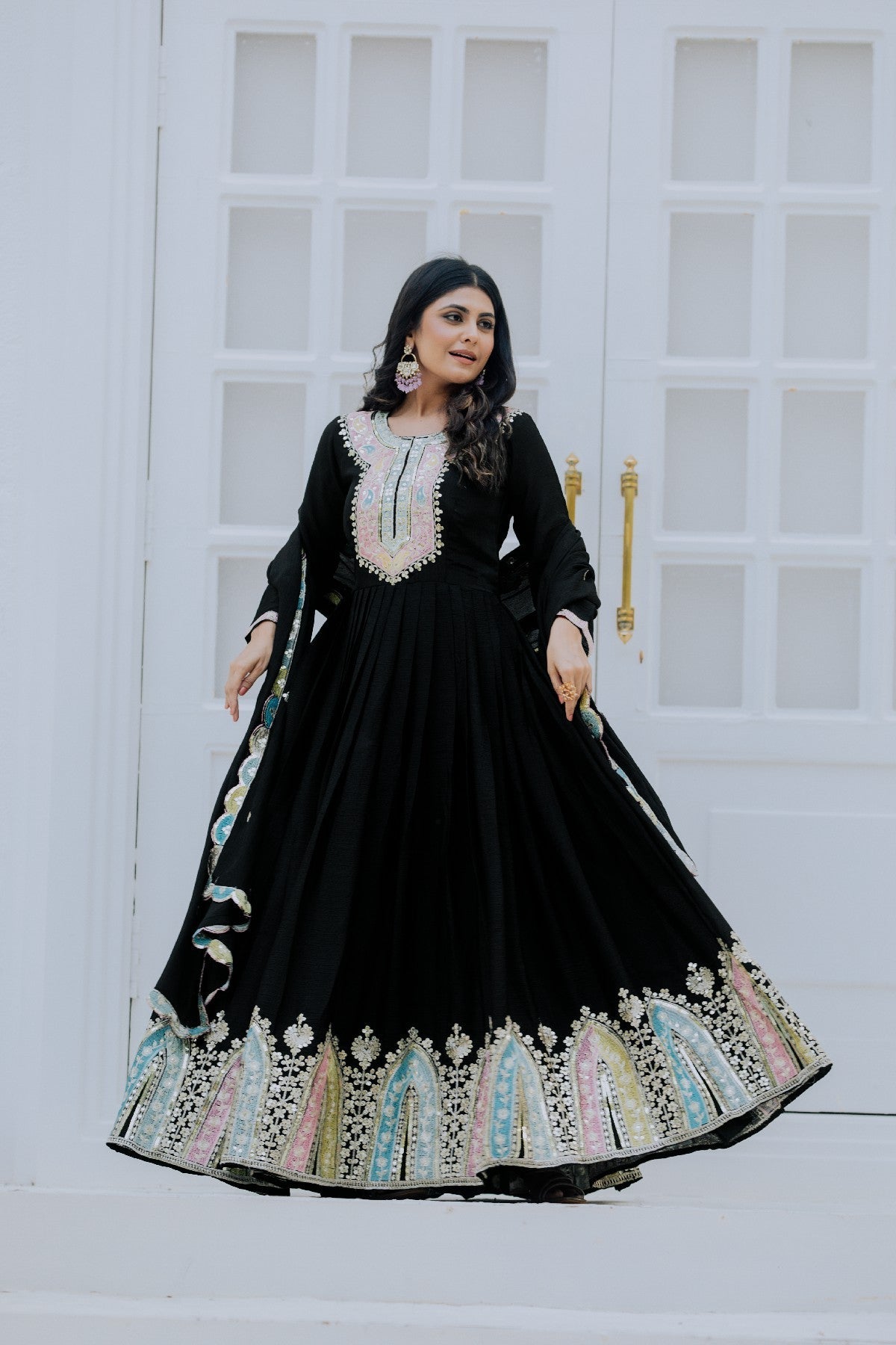 Graceful Embroidered Chinon Silk Fully Stitched Gown With Dupatta - Ethnicwish