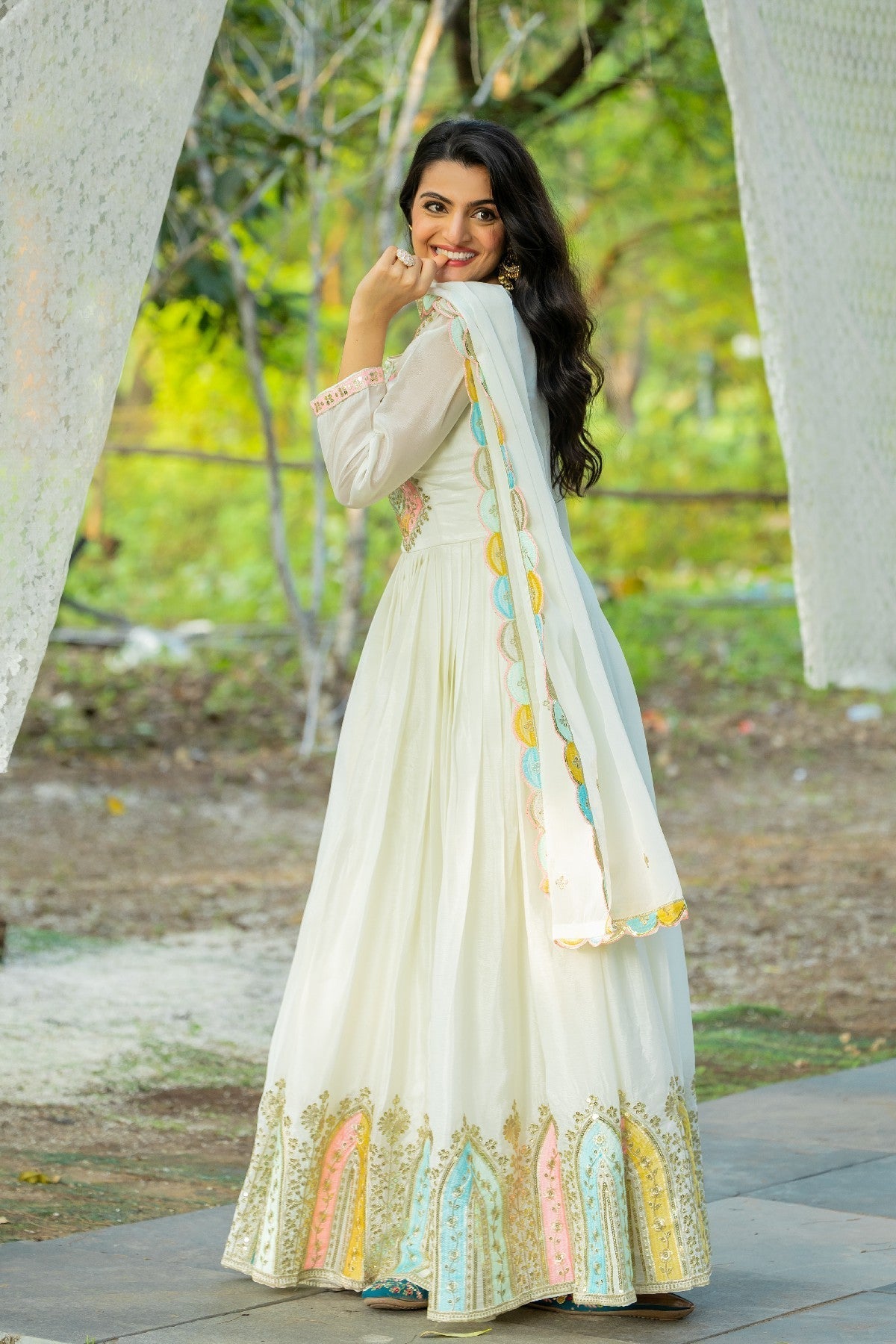 Graceful Embroidered Chinon Silk Fully Stitched Gown With Dupatta - Ethnicwish