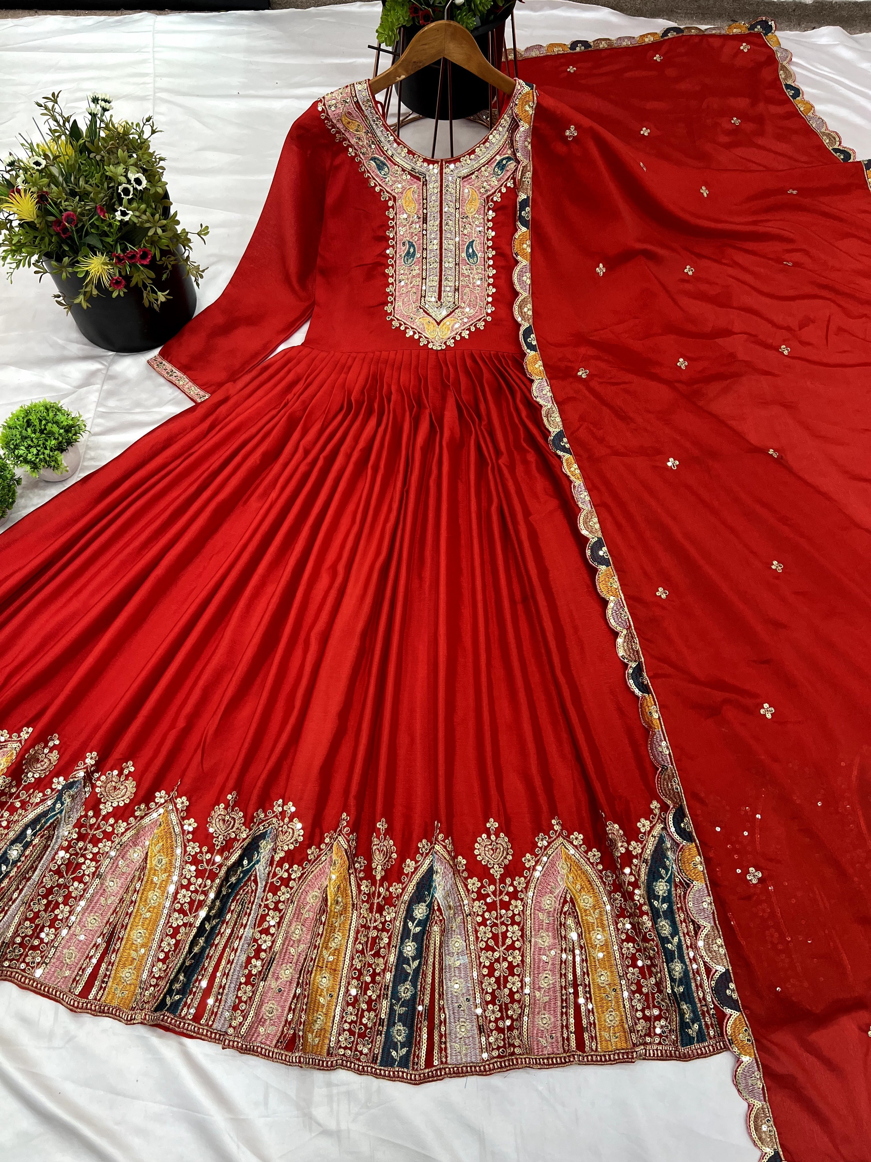 Graceful Embroidered Chinon Silk Fully Stitched Gown With Dupatta - Ethnicwish