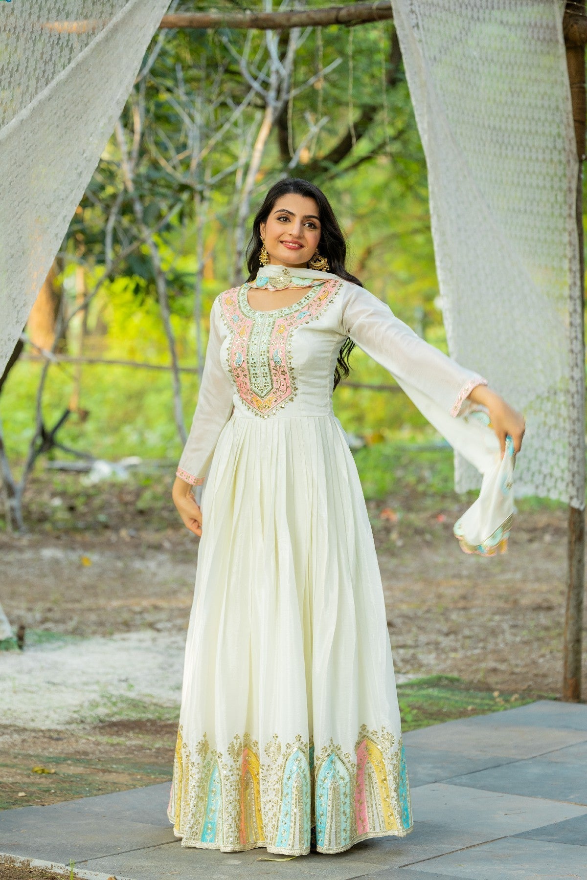 Graceful Embroidered Chinon Silk Fully Stitched Gown With Dupatta - Ethnicwish