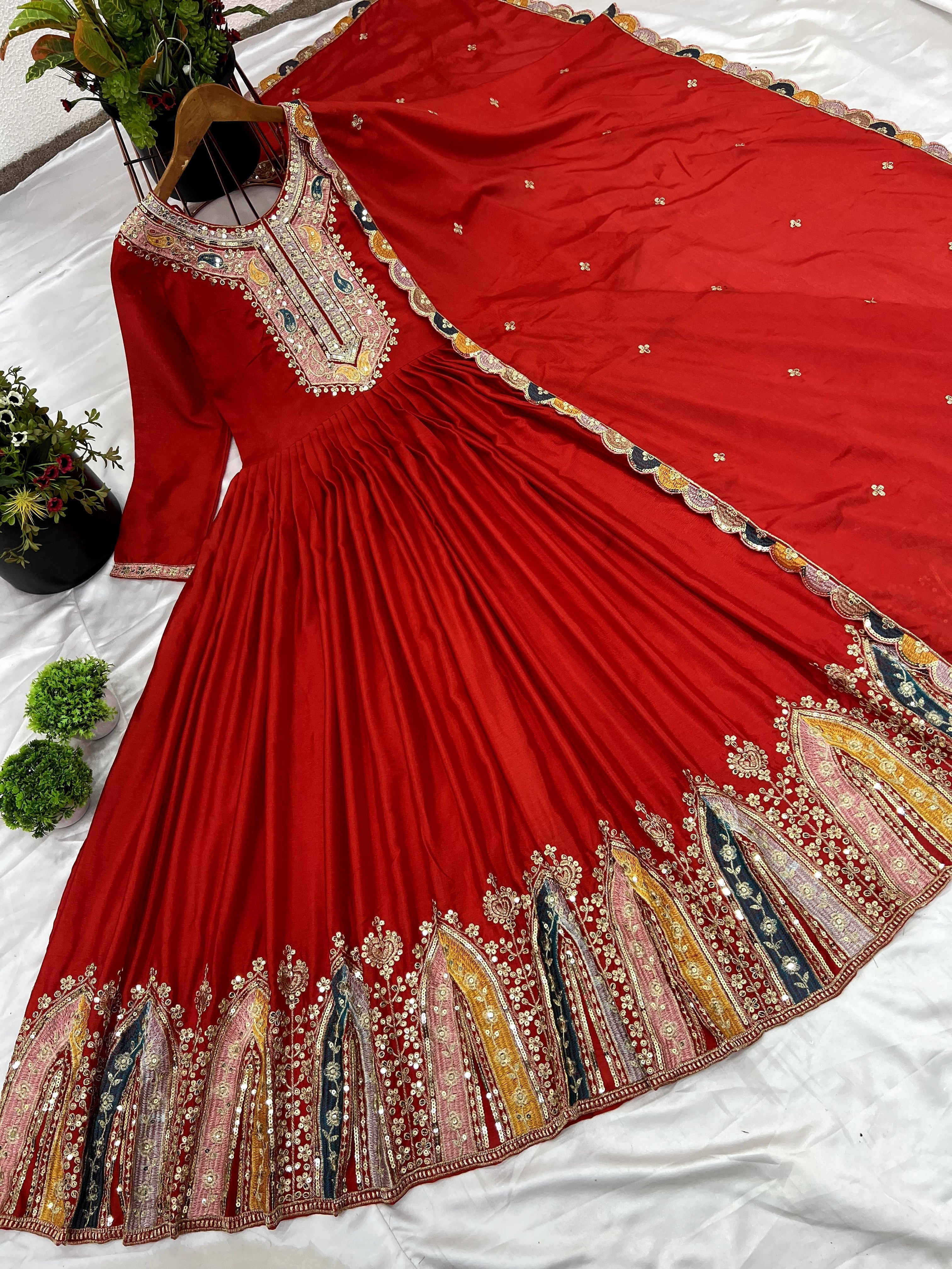 Graceful Embroidered Chinon Silk Fully Stitched Gown With Dupatta - Ethnicwish