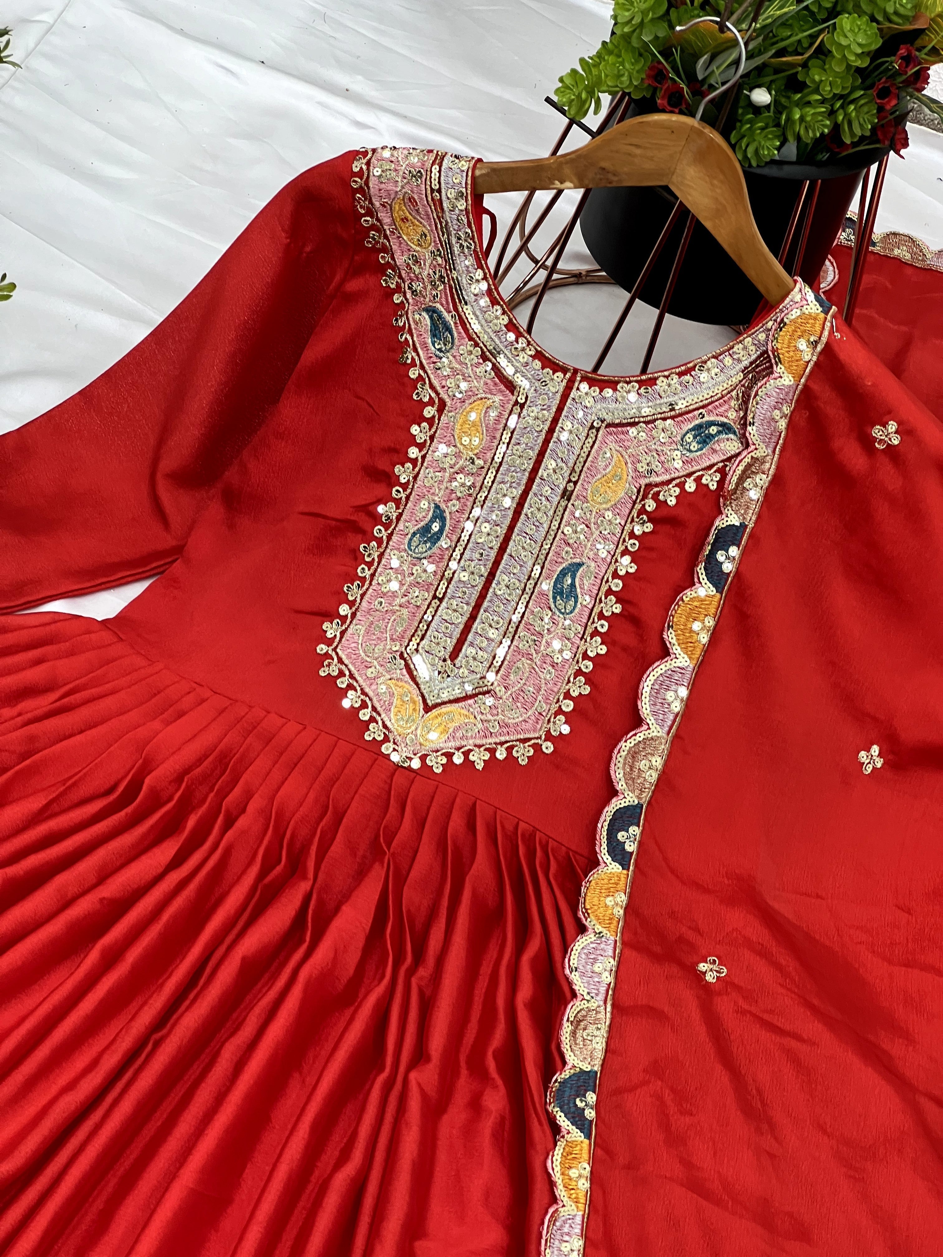 Graceful Embroidered Chinon Silk Fully Stitched Gown With Dupatta - Ethnicwish