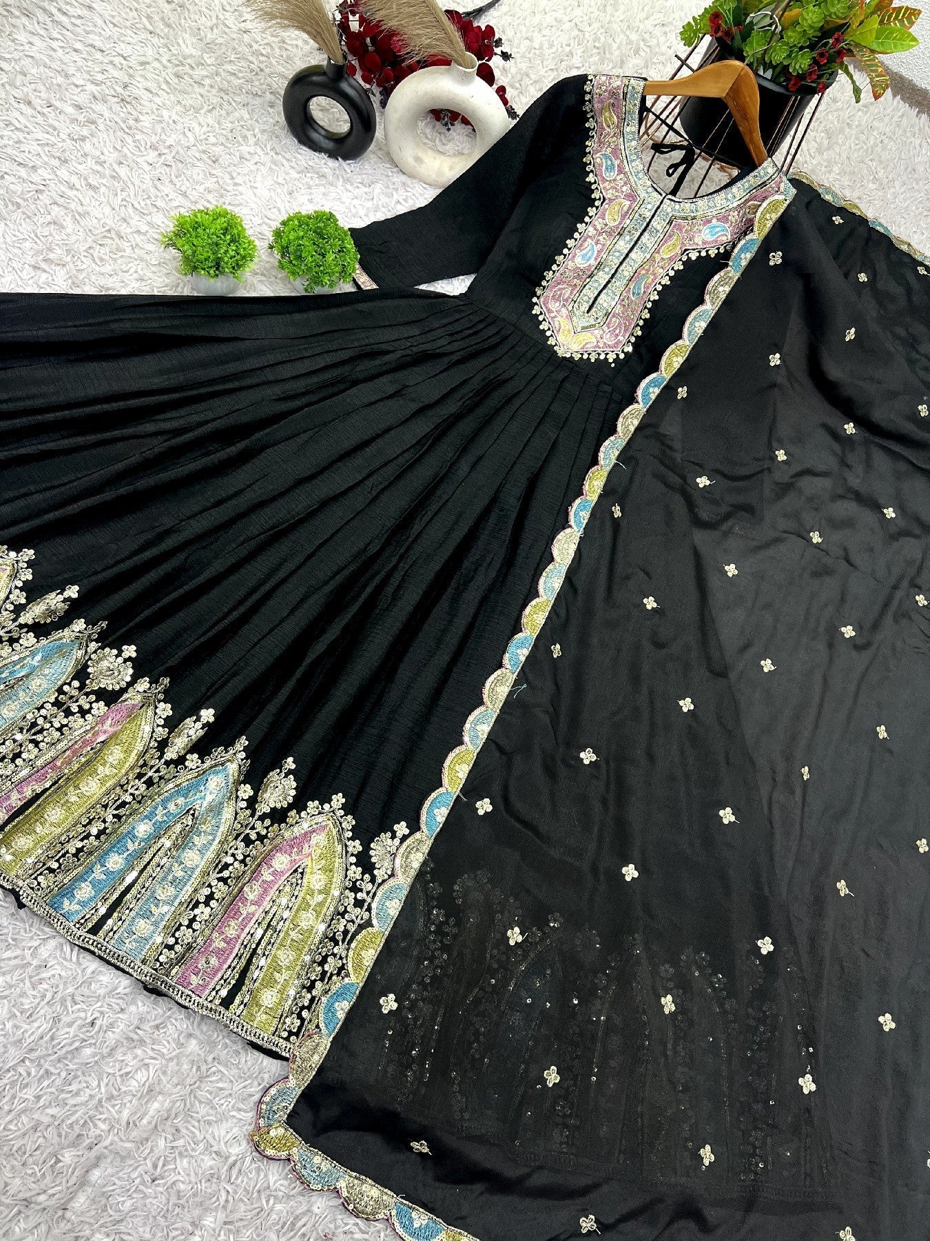 Graceful Embroidered Chinon Silk Fully Stitched Gown With Dupatta - Ethnicwish