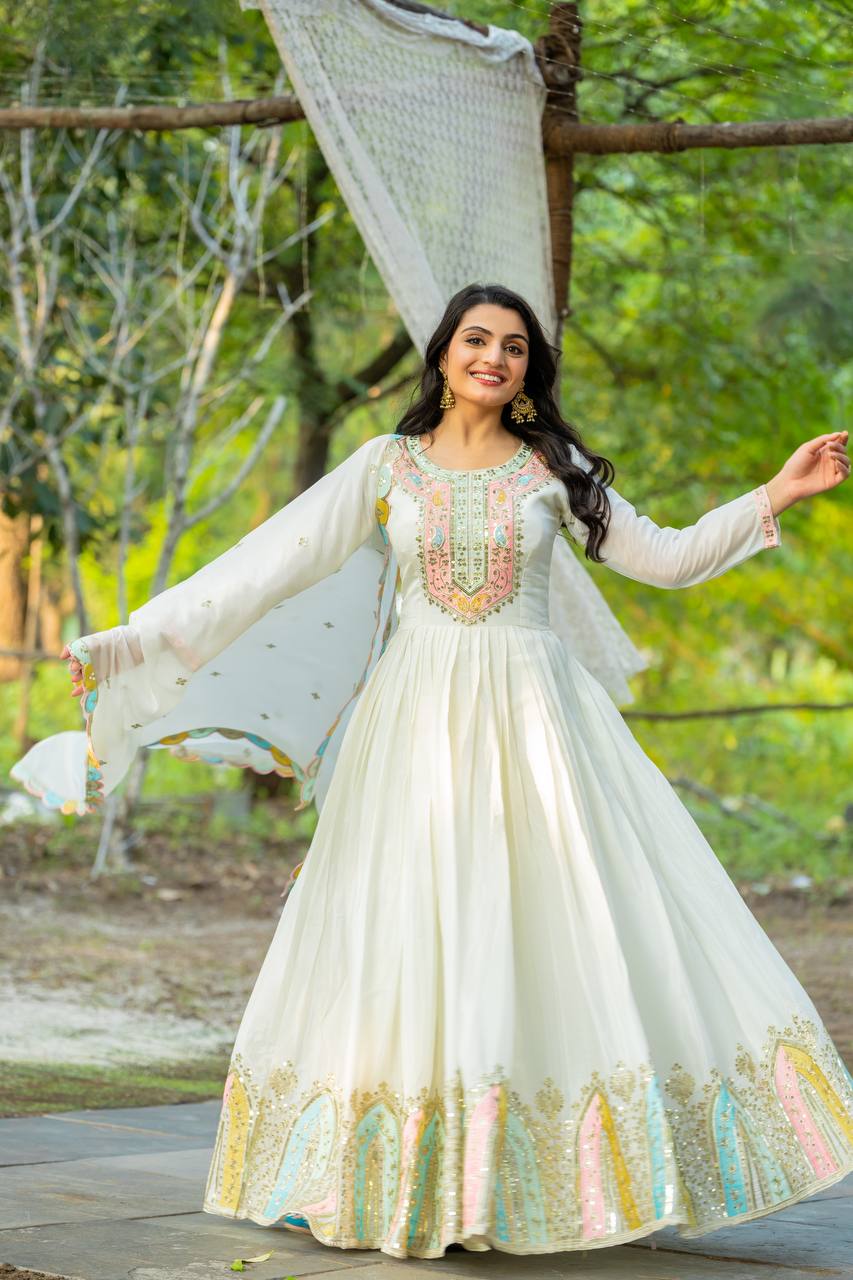 Graceful Embroidered Chinon Silk Fully Stitched Gown With Dupatta - Ethnicwish