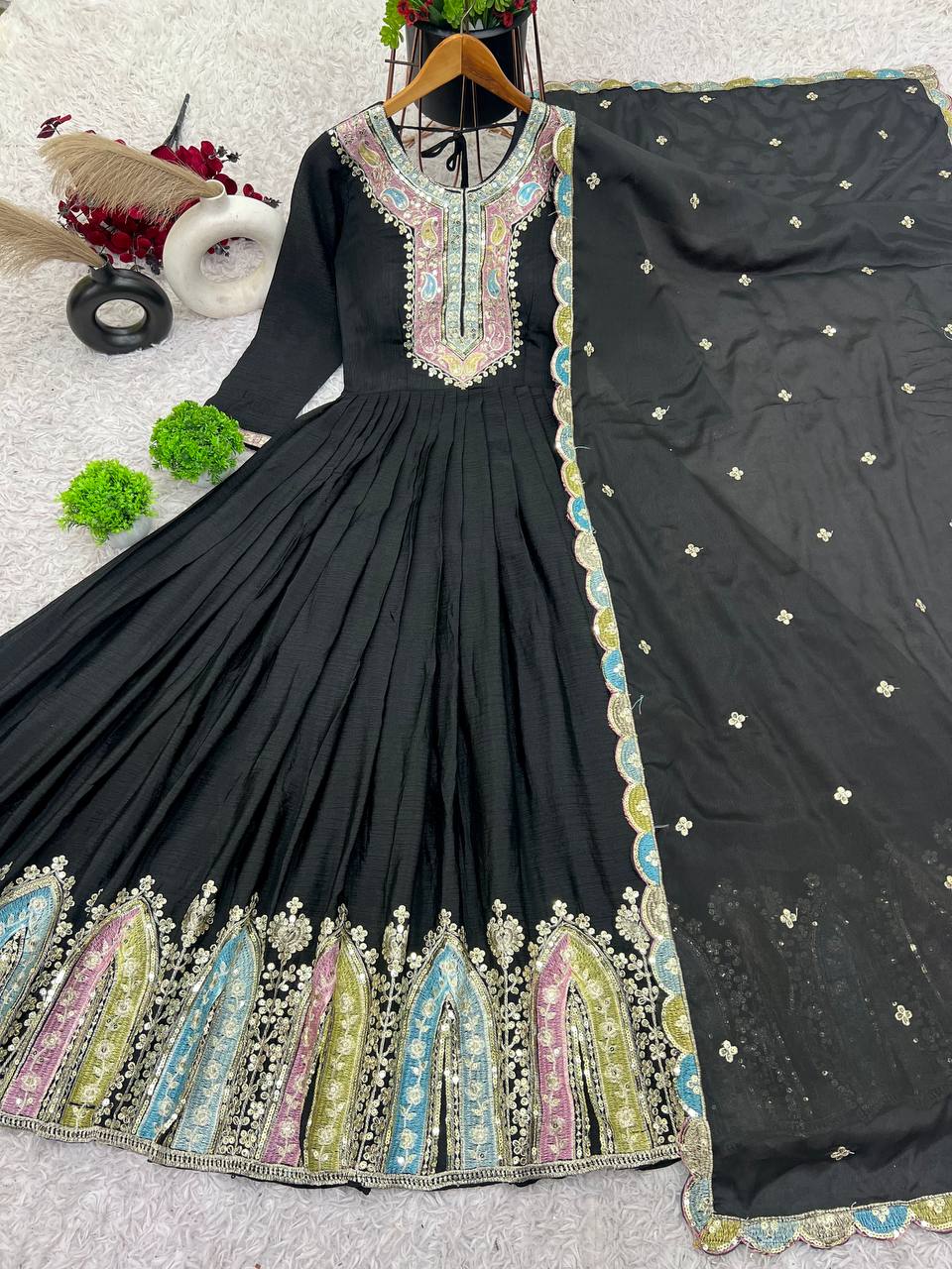 Graceful Embroidered Chinon Silk Fully Stitched Gown With Dupatta - Ethnicwish