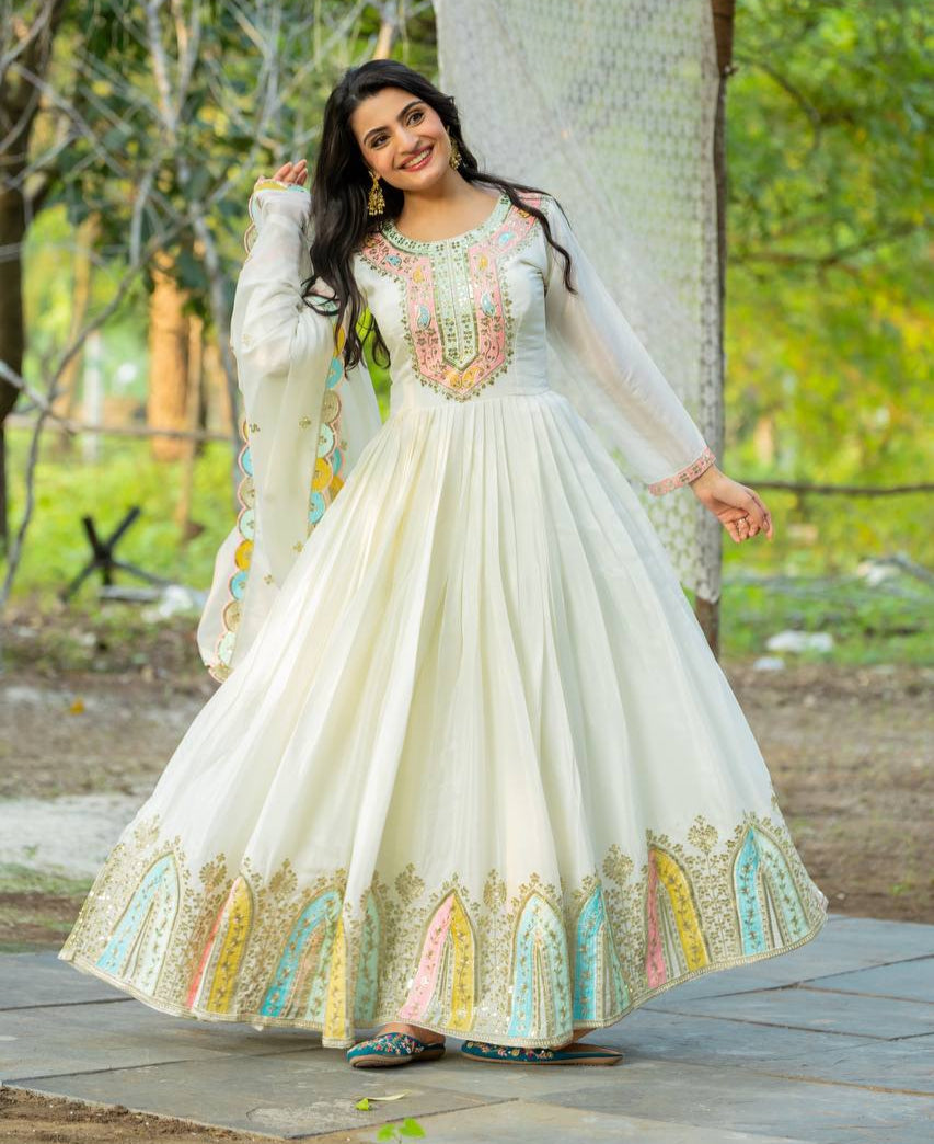 Graceful Embroidered Chinon Silk Fully Stitched Gown With Dupatta - Ethnicwish