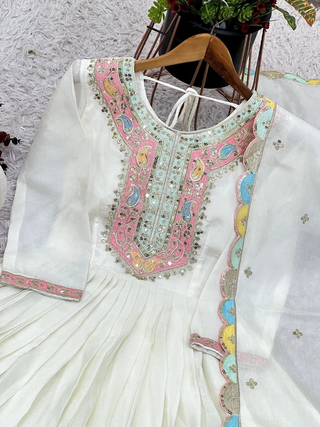 Graceful Embroidered Chinon Silk Fully Stitched Gown With Dupatta - Ethnicwish