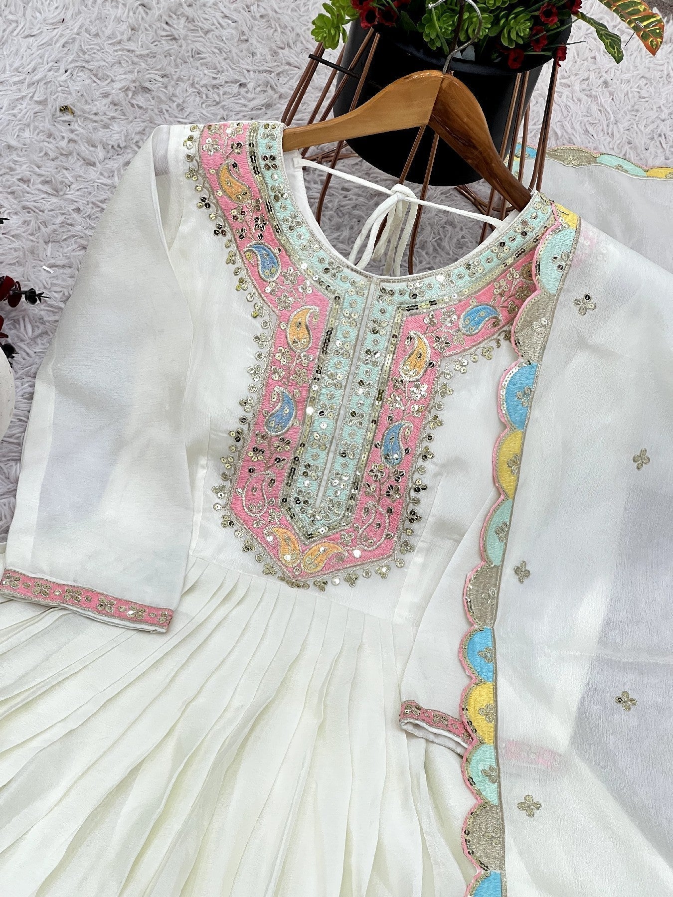 Graceful Embroidered Chinon Silk Fully Stitched Gown With Dupatta - Ethnicwish