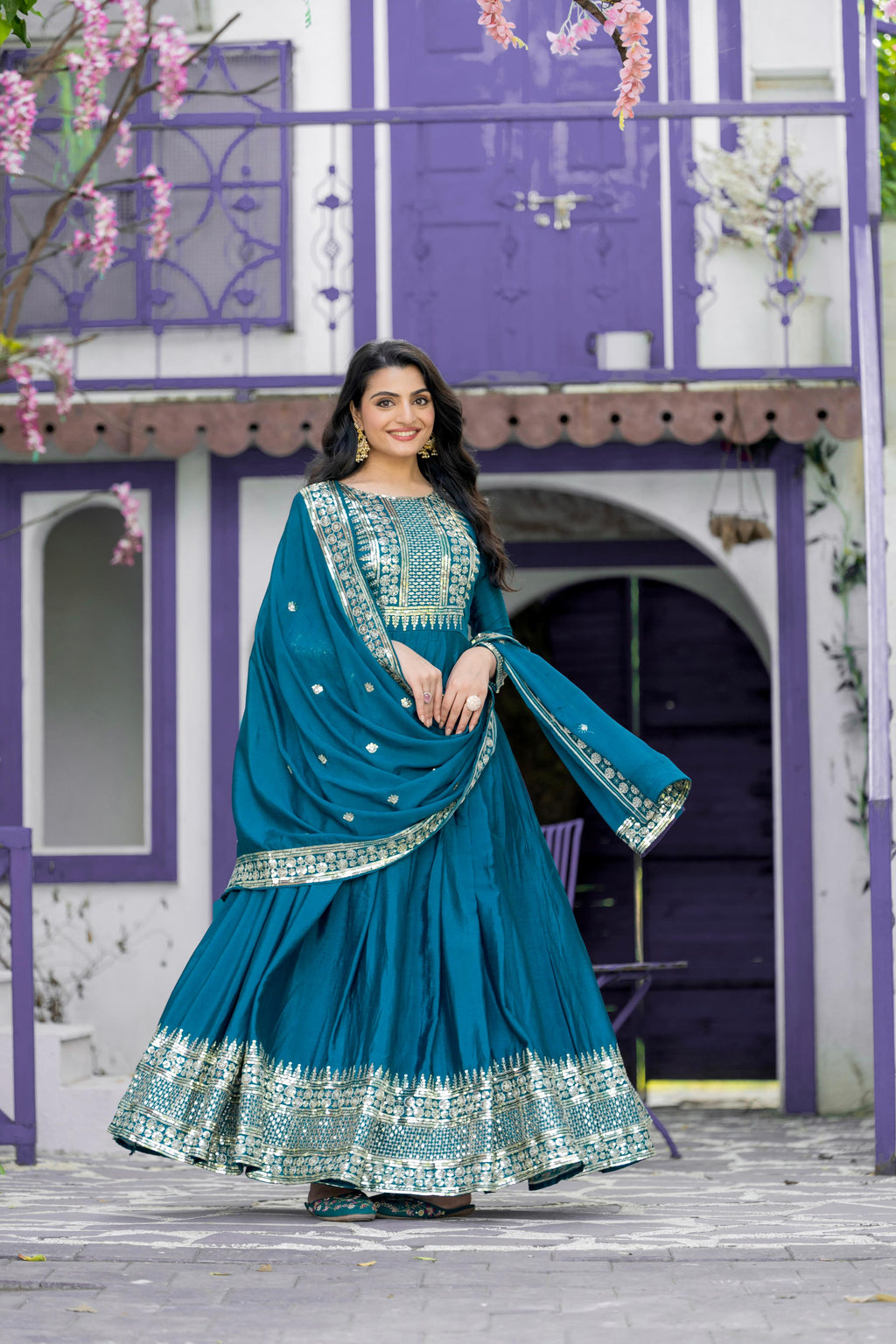 Divine Rama Chinon Silk Sequins Embroidered Gown With Dupatta - Ethnicwish