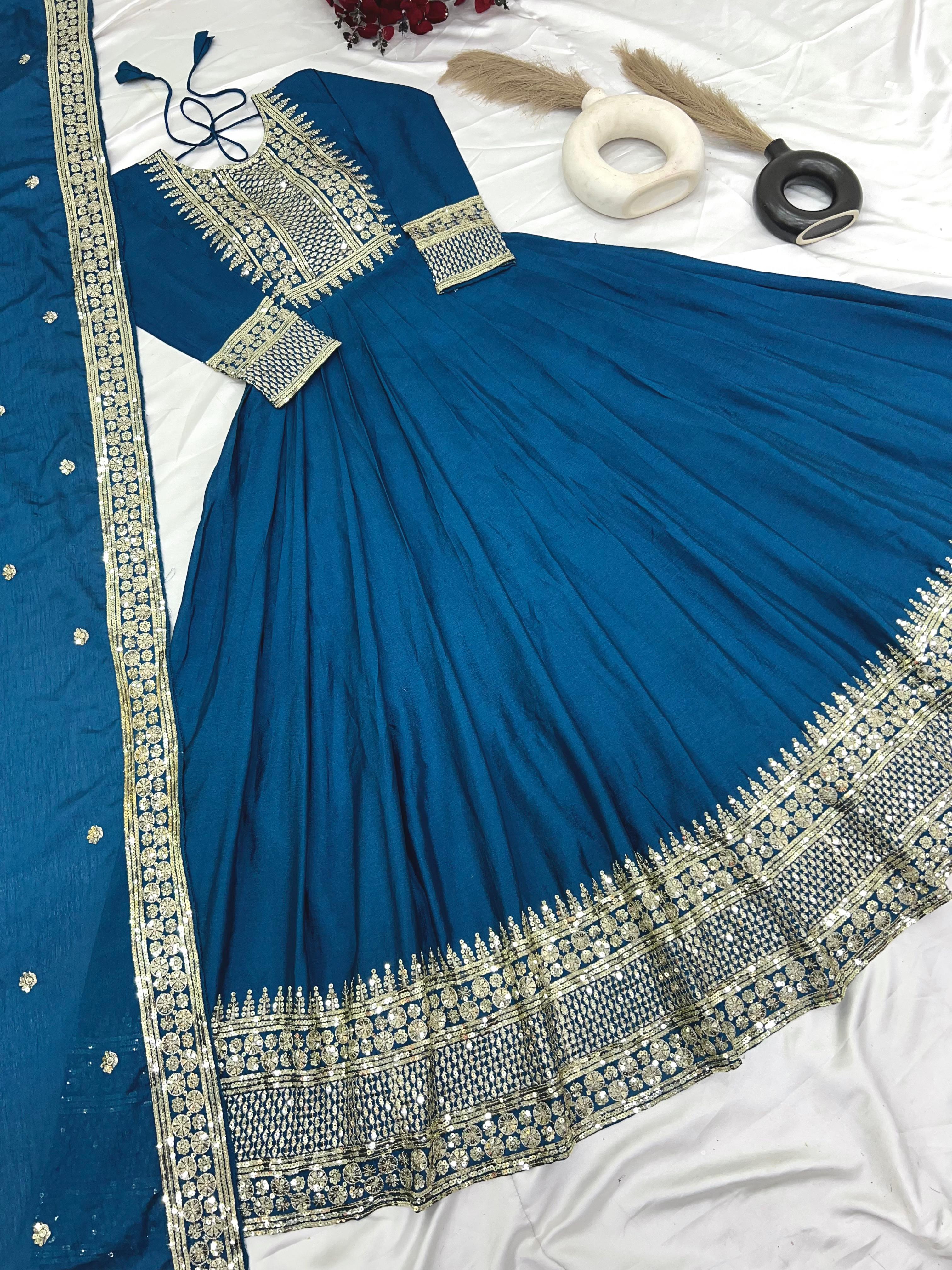 Divine Rama Chinon Silk Sequins Embroidered Gown With Dupatta - Ethnicwish
