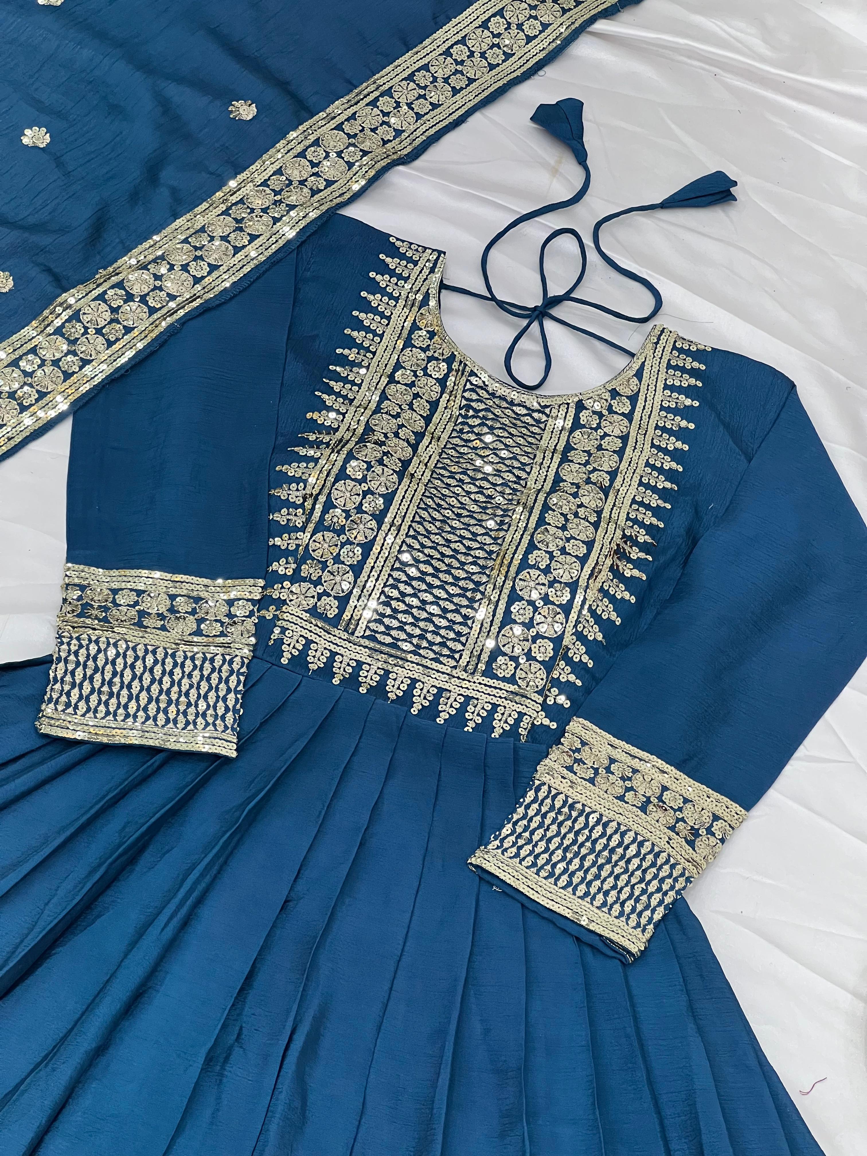 Divine Rama Chinon Silk Sequins Embroidered Gown With Dupatta - Ethnicwish