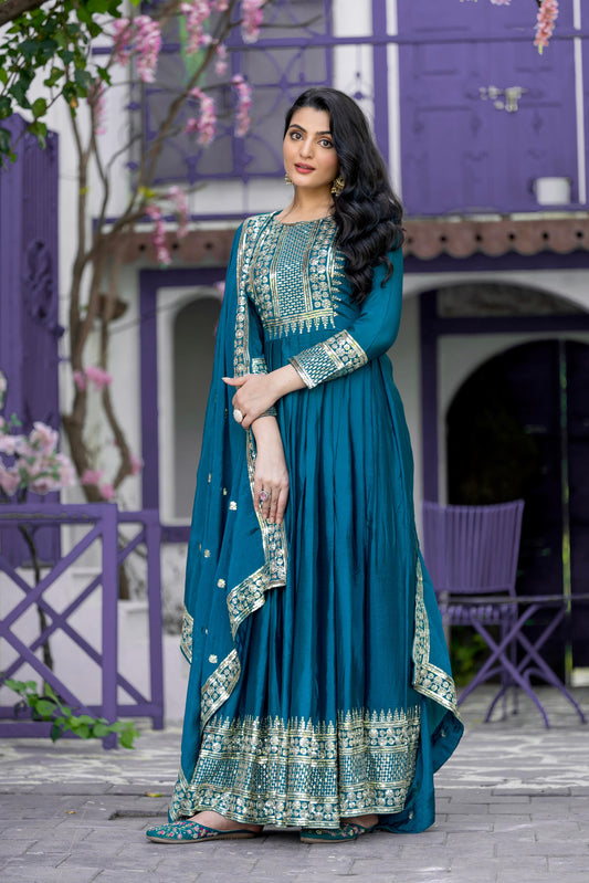 Divine Rama Chinon Silk Sequins Embroidered Gown With Dupatta - Ethnicwish