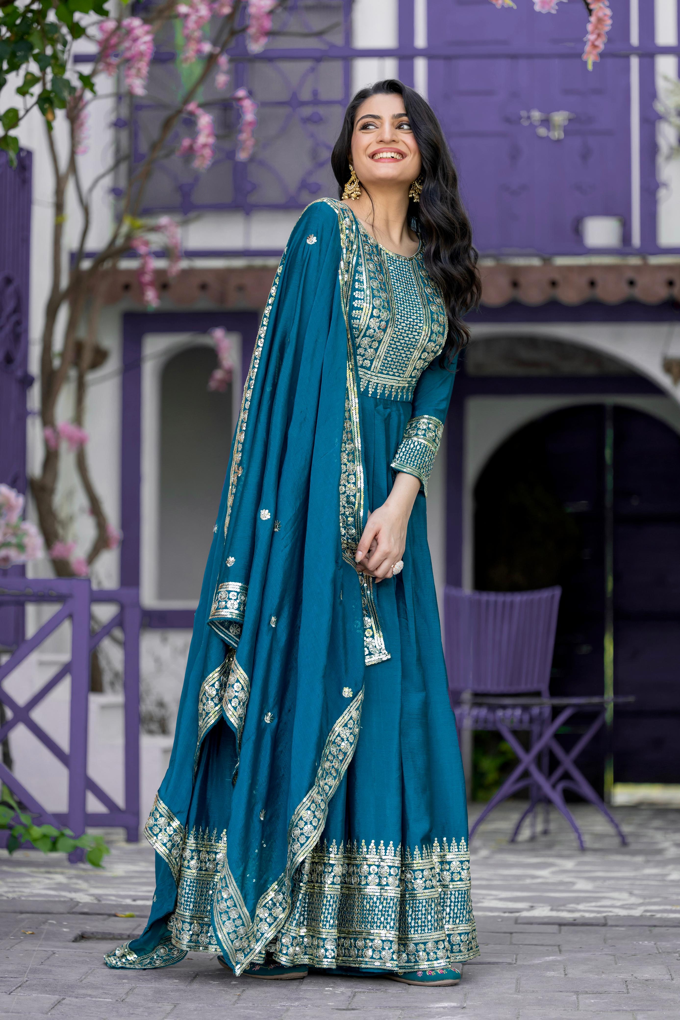 Divine Rama Chinon Silk Sequins Embroidered Gown With Dupatta - Ethnicwish