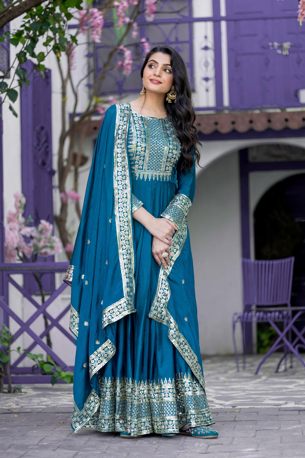Divine Rama Chinon Silk Sequins Embroidered Gown With Dupatta - Ethnicwish