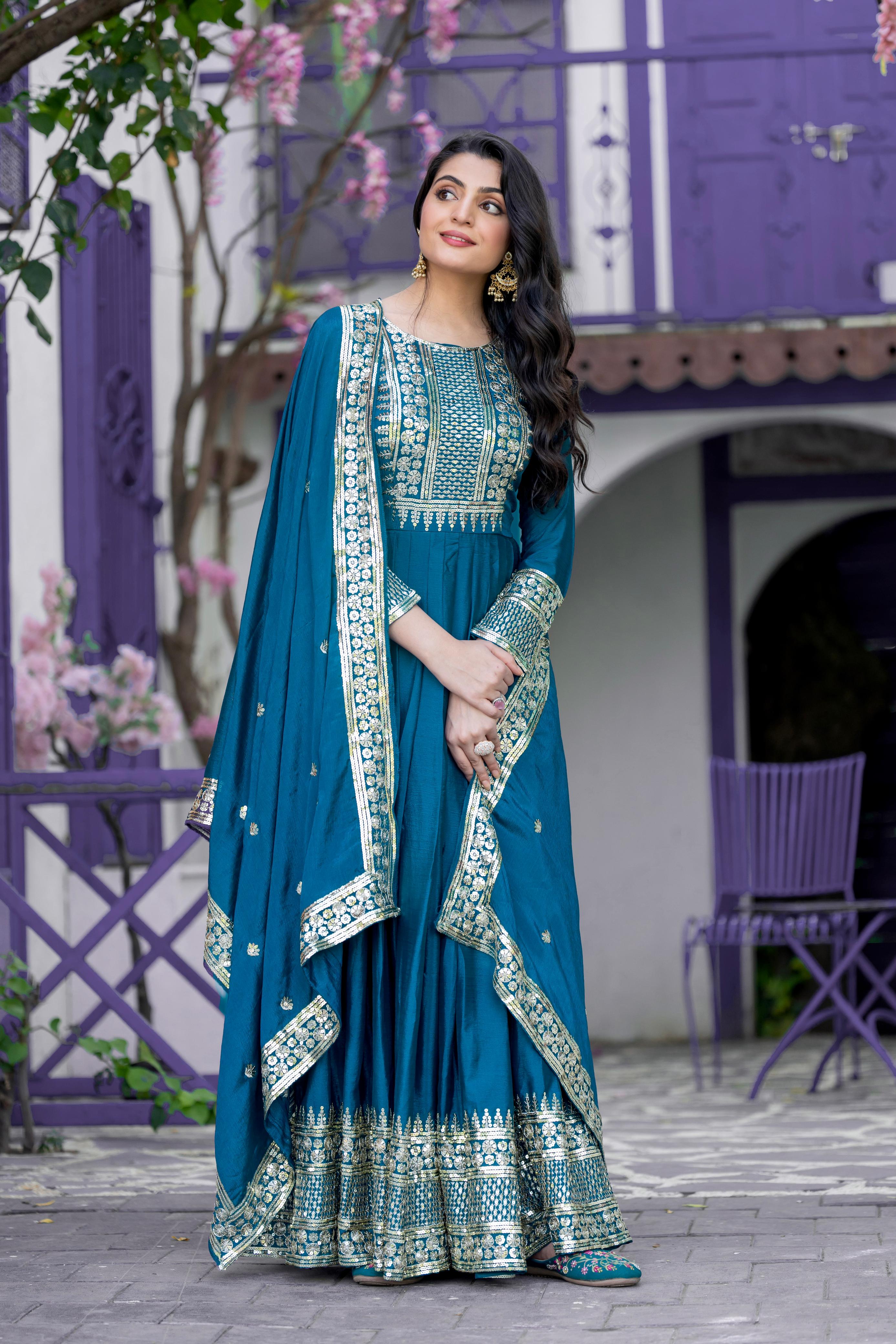 Divine Rama Chinon Silk Sequins Embroidered Gown With Dupatta - Ethnicwish