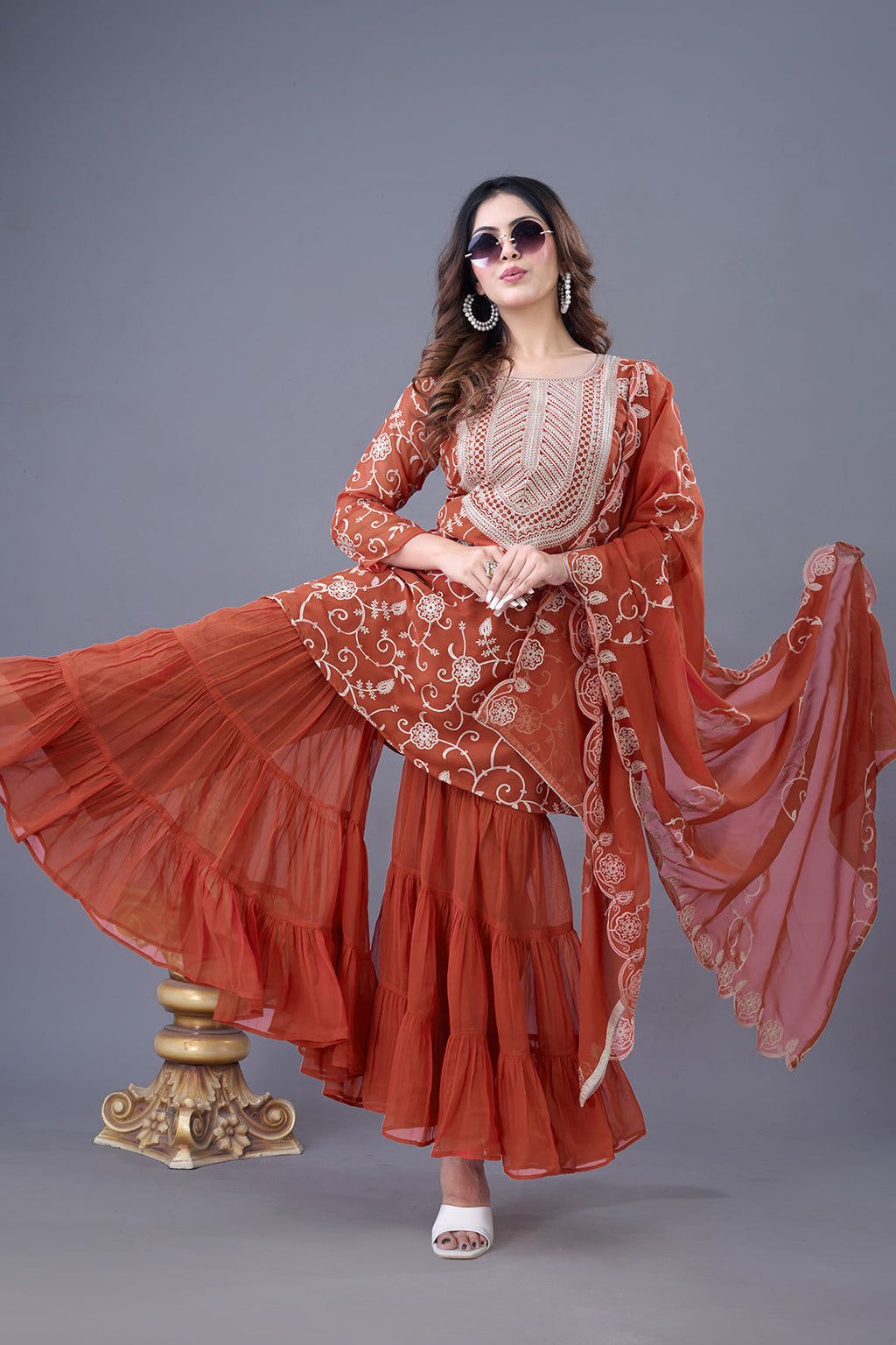 Enticing Georgette Embroidered Ruffle Top Sharara Suit - ETHNICDEAL