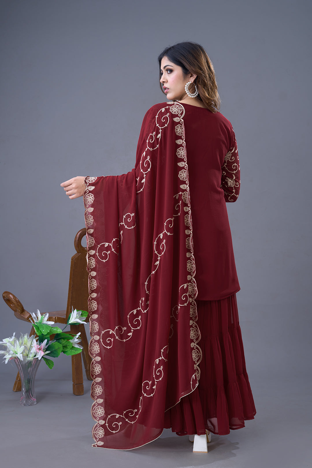 Enticing Georgette Embroidered Ruffle Top Sharara Suit - ETHNICDEAL