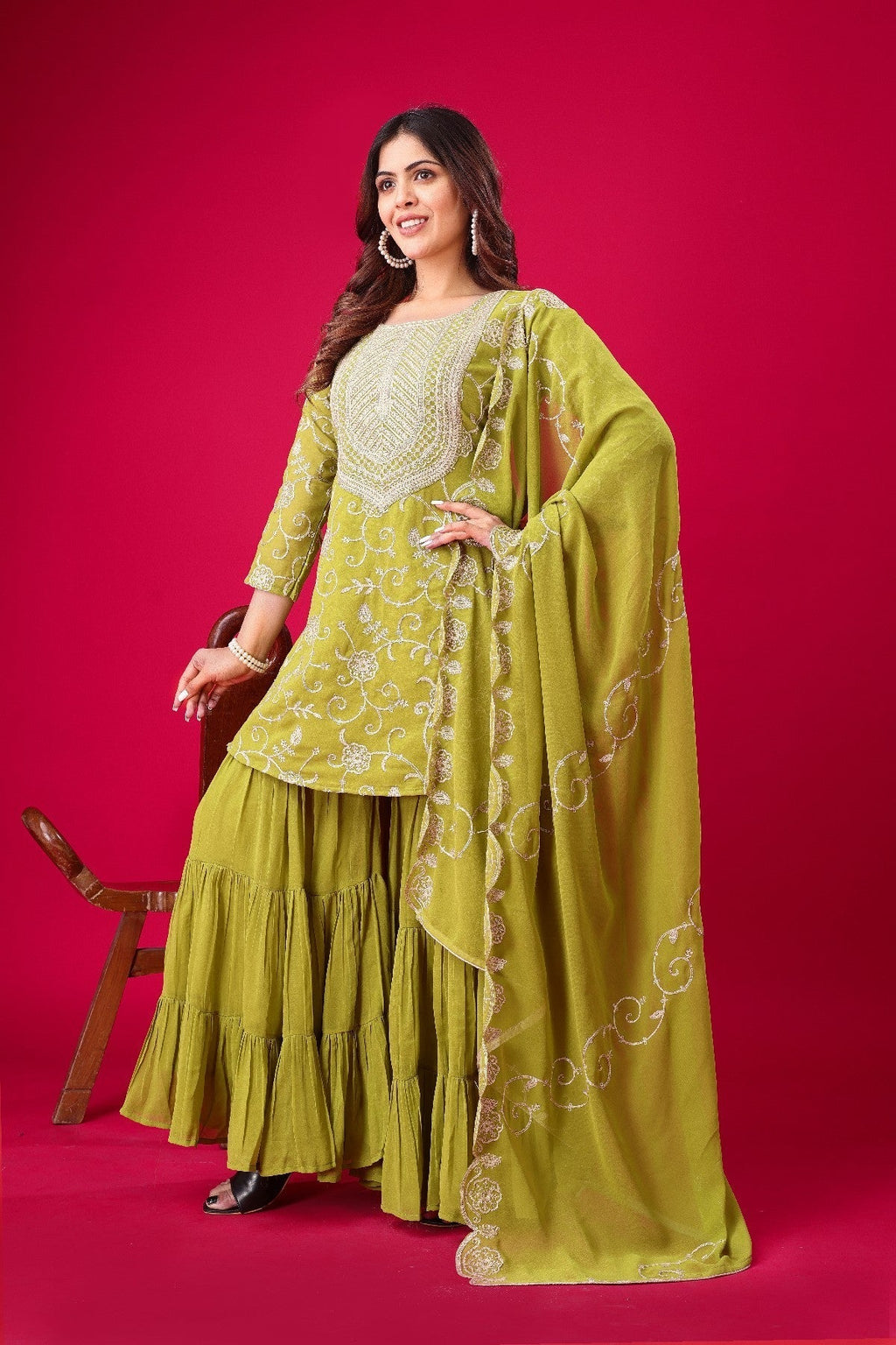 Enticing Georgette Embroidered Ruffle Top Sharara Suit - ETHNICDEAL
