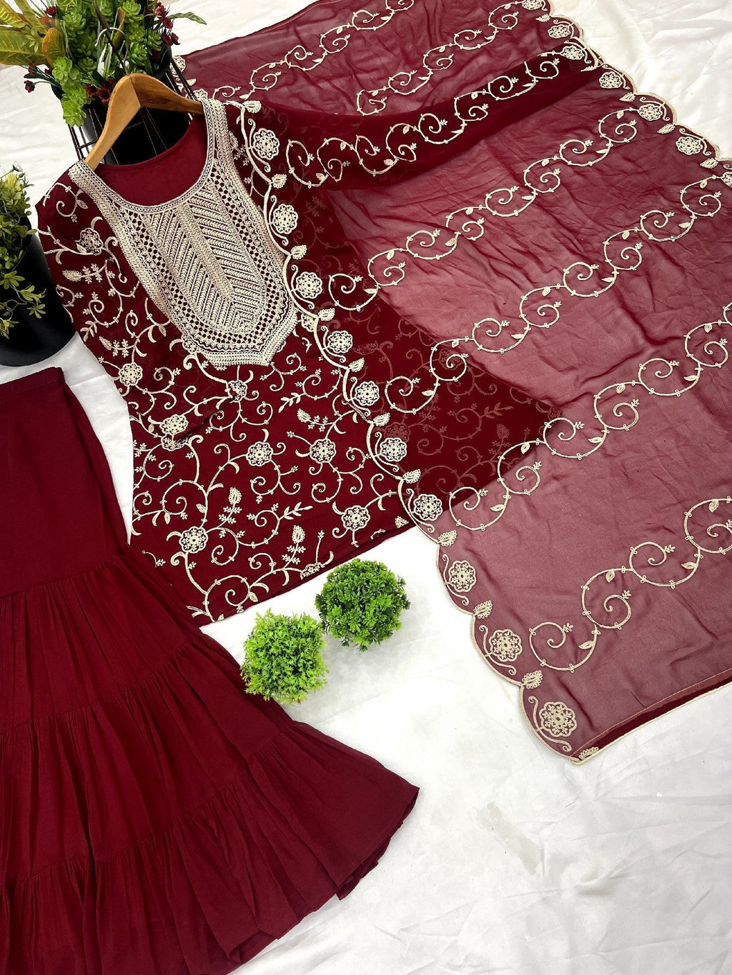 Enticing Georgette Embroidered Ruffle Top Sharara Suit - ETHNICDEAL