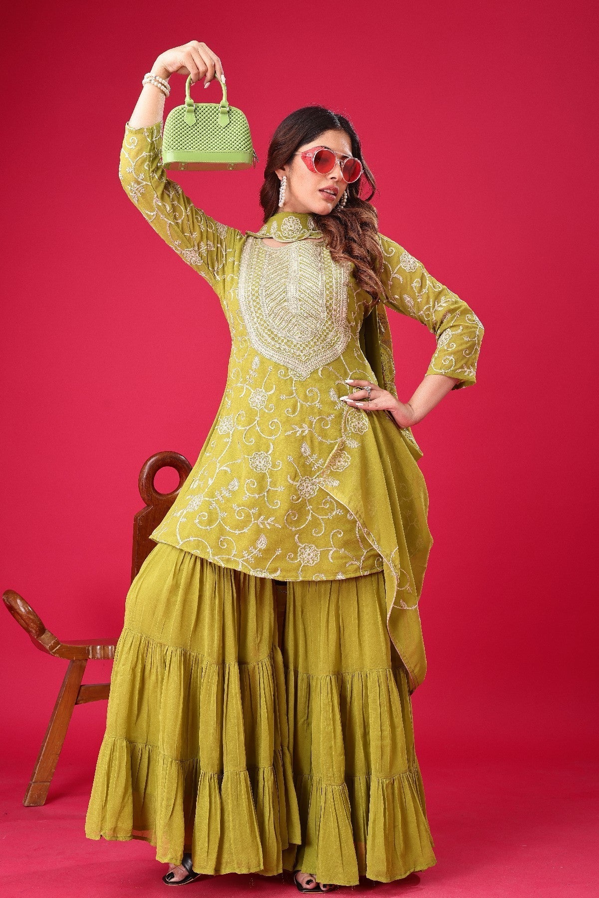 Enticing Georgette Embroidered Ruffle Top Sharara Suit - ETHNICDEAL