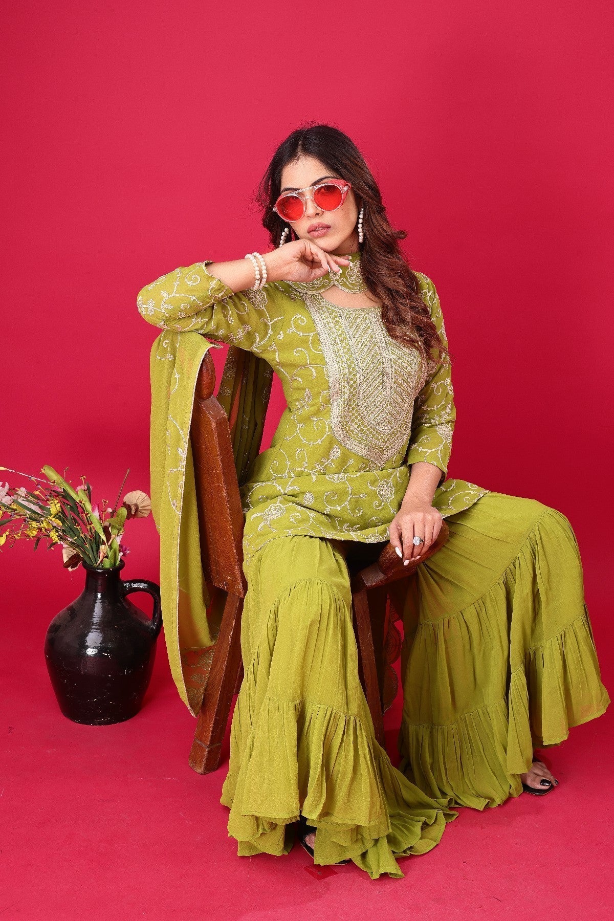 Enticing Georgette Embroidered Ruffle Top Sharara Suit - ETHNICDEAL