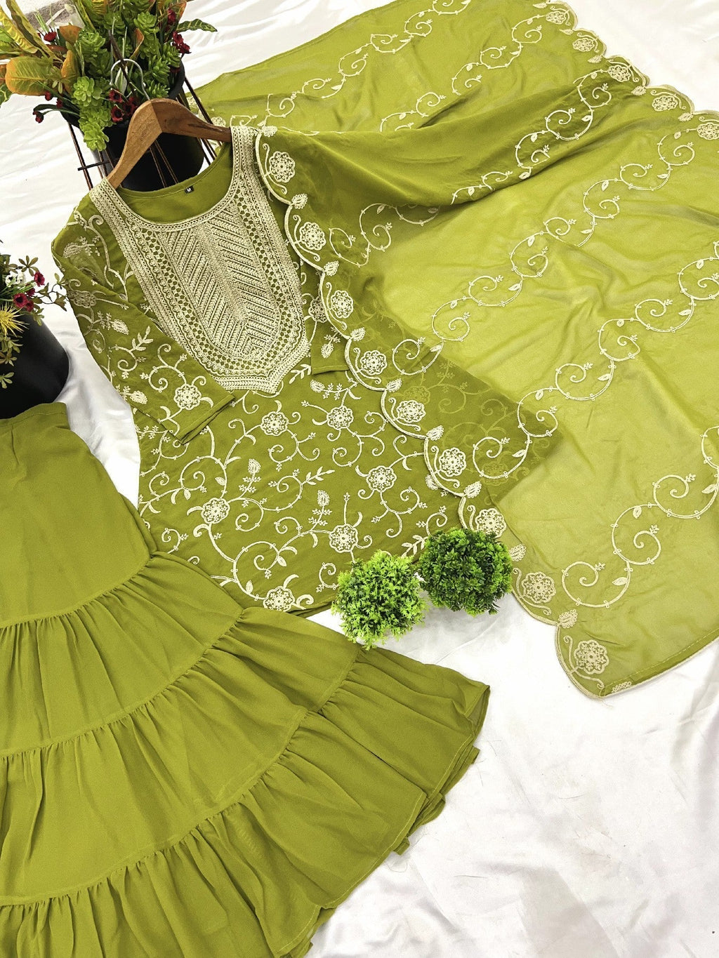 Enticing Georgette Embroidered Ruffle Top Sharara Suit - ETHNICDEAL