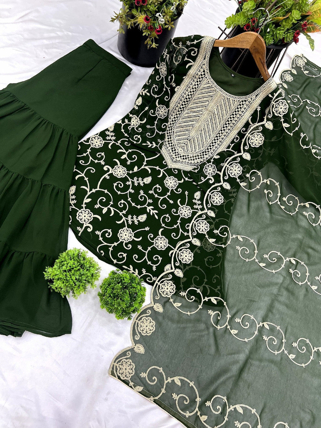 Enticing Georgette Embroidered Ruffle Top Sharara Suit - ETHNICDEAL