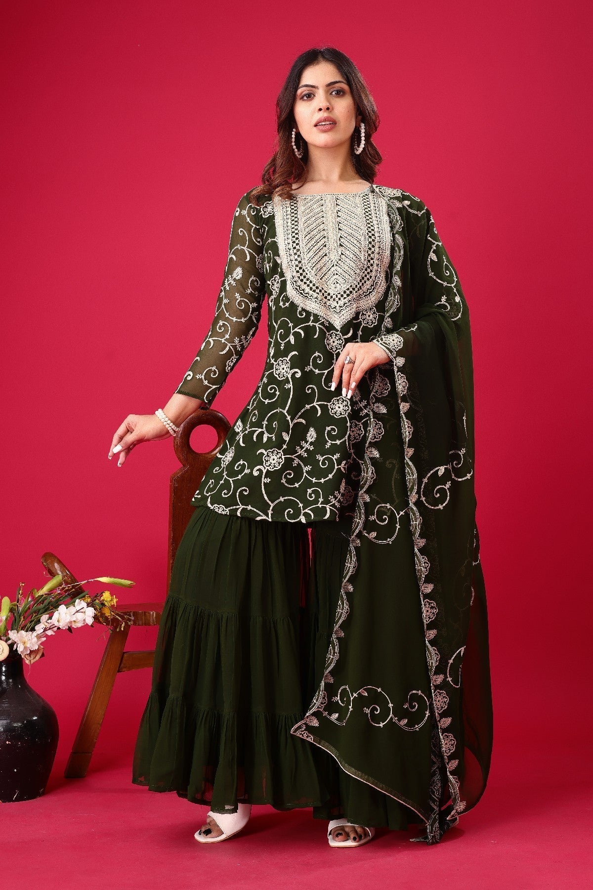 Enticing Georgette Embroidered Ruffle Top Sharara Suit - ETHNICDEAL