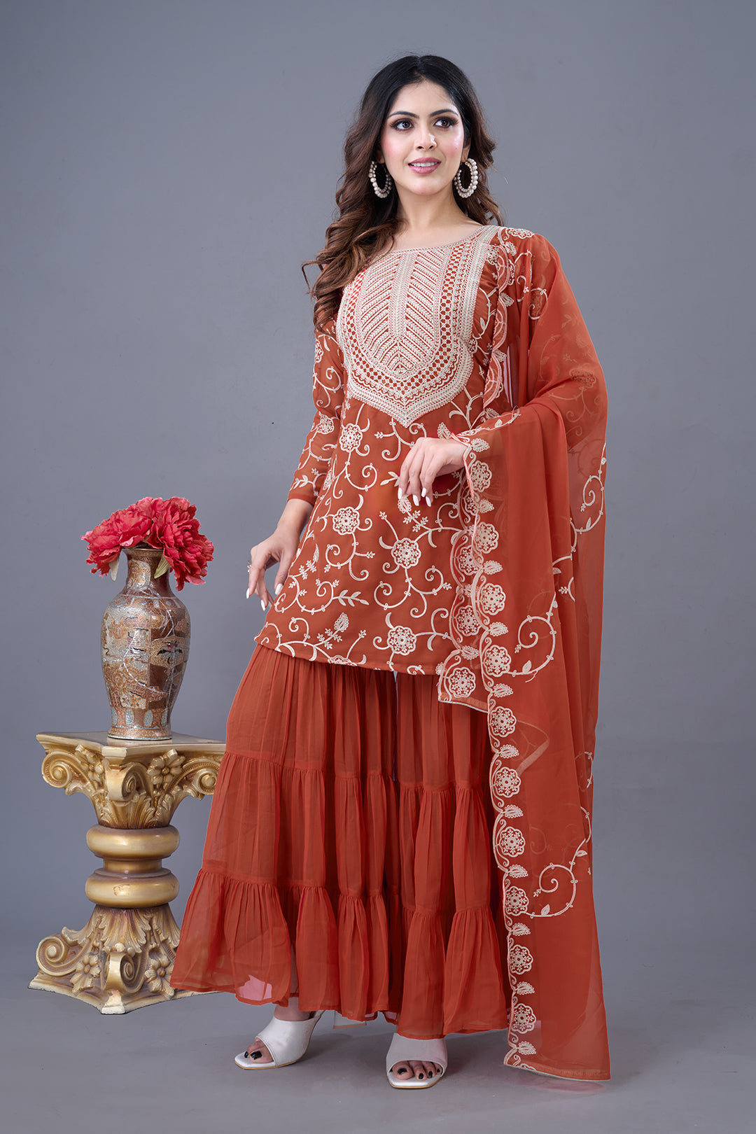 Enticing Georgette Embroidered Ruffle Top Sharara Suit - ETHNICDEAL