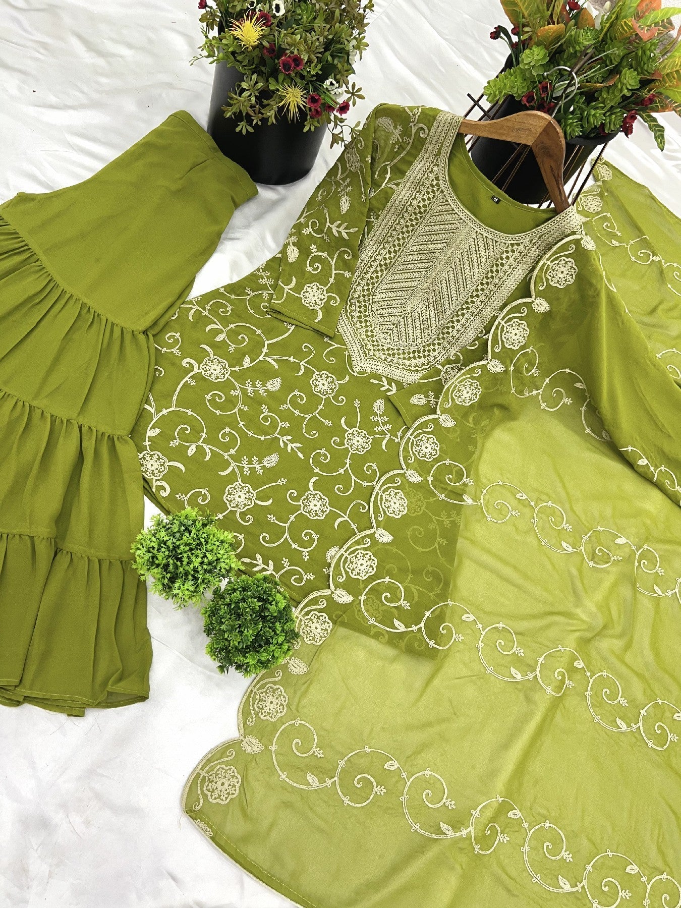 Enticing Georgette Embroidered Ruffle Top Sharara Suit - ETHNICDEAL