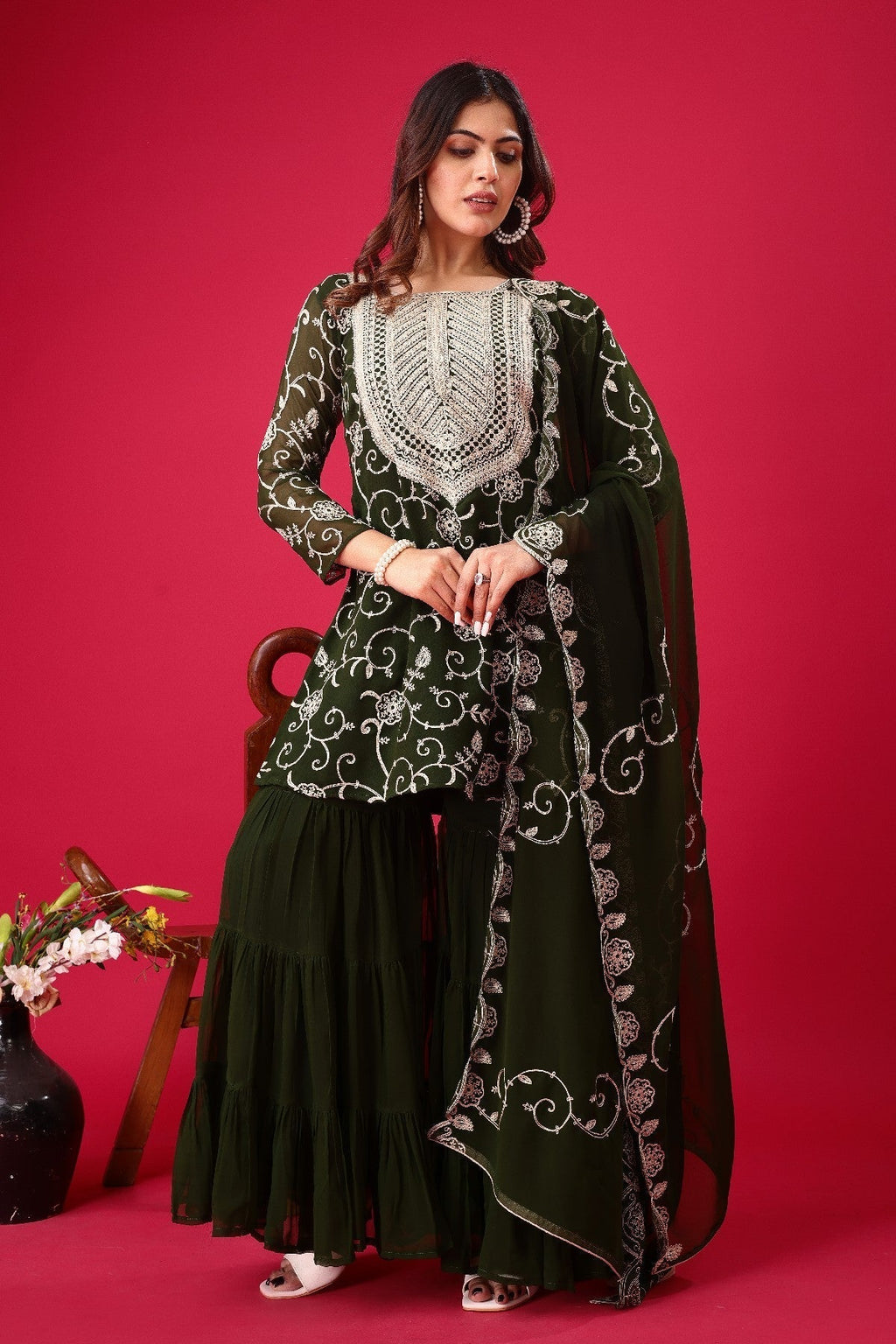 Enticing Georgette Embroidered Ruffle Top Sharara Suit - ETHNICDEAL