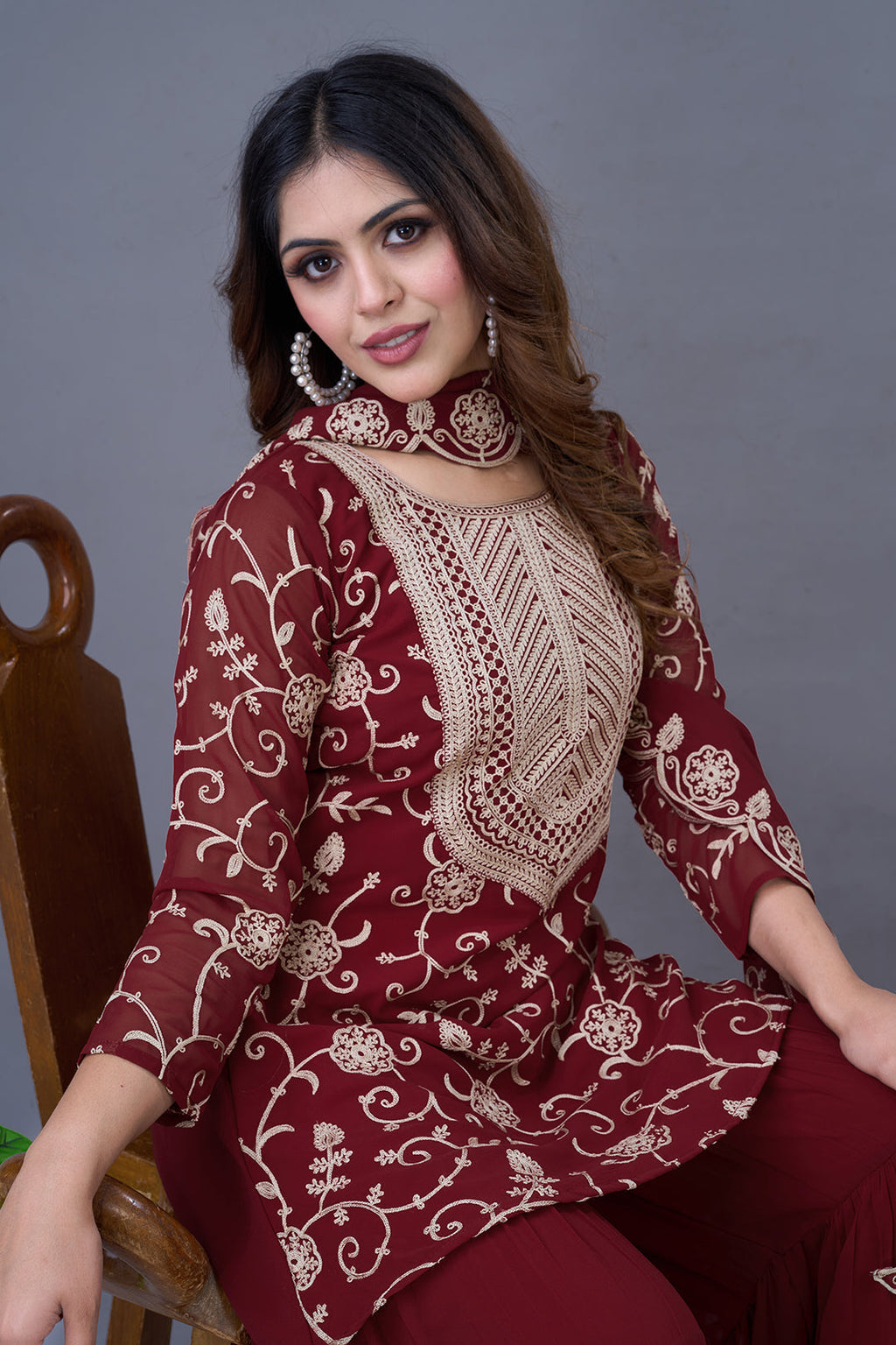 Enticing Georgette Embroidered Ruffle Top Sharara Suit - ETHNICDEAL