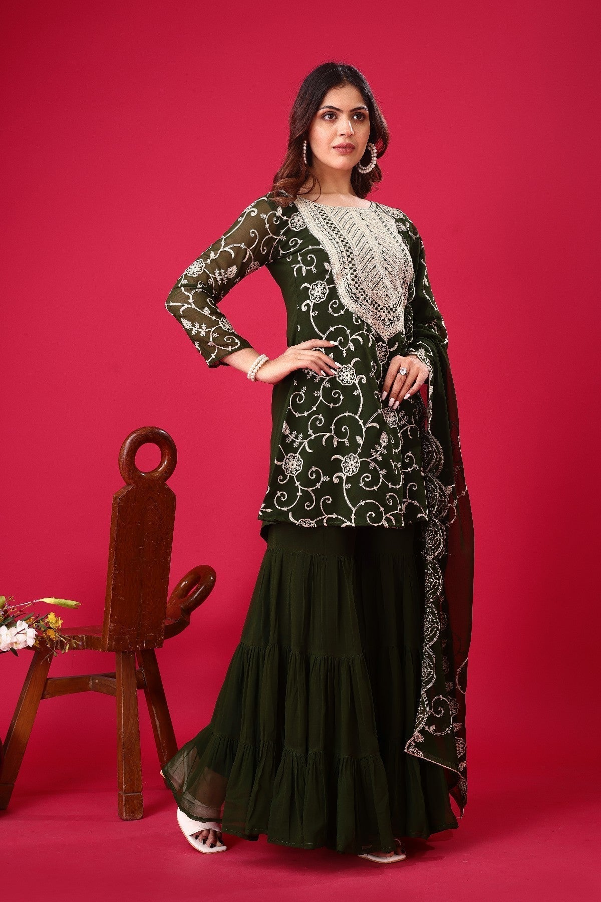 Enticing Georgette Embroidered Ruffle Top Sharara Suit - ETHNICDEAL
