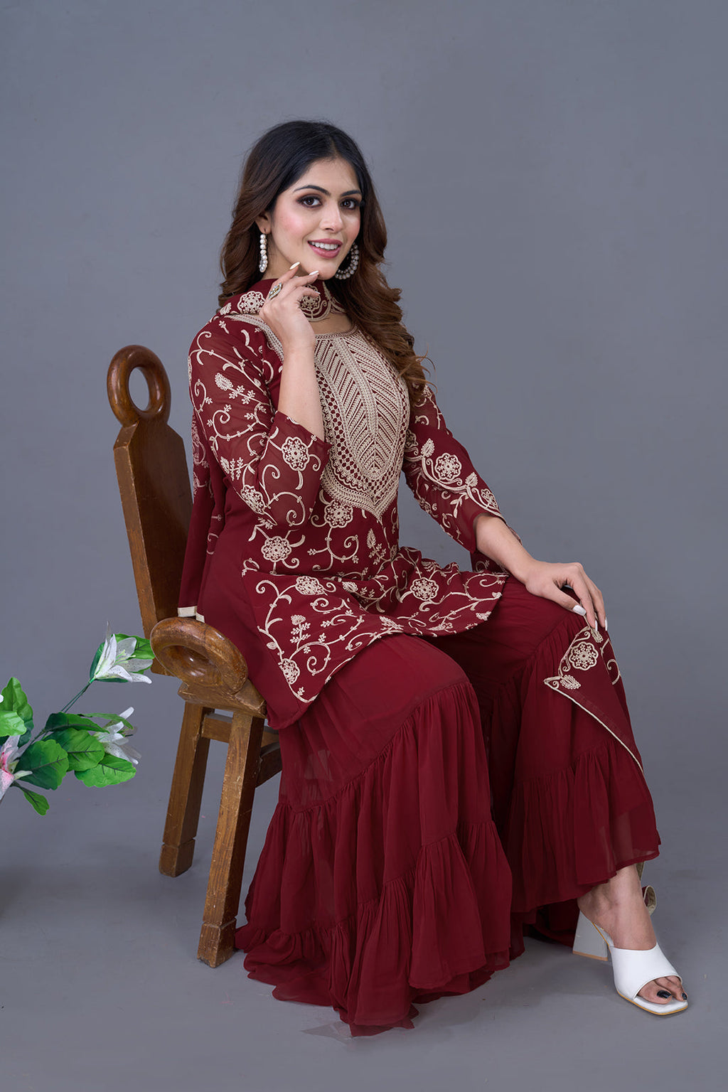 Enticing Georgette Embroidered Ruffle Top Sharara Suit - ETHNICDEAL