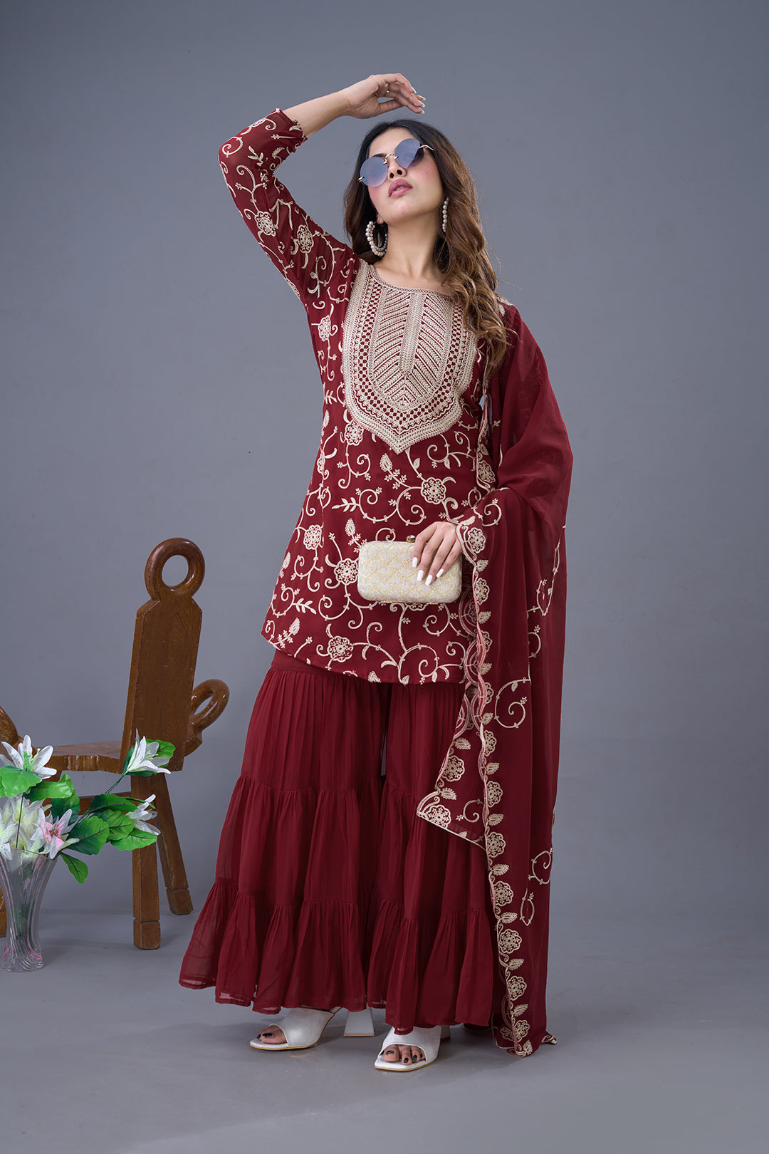 Enticing Georgette Embroidered Ruffle Top Sharara Suit - ETHNICDEAL