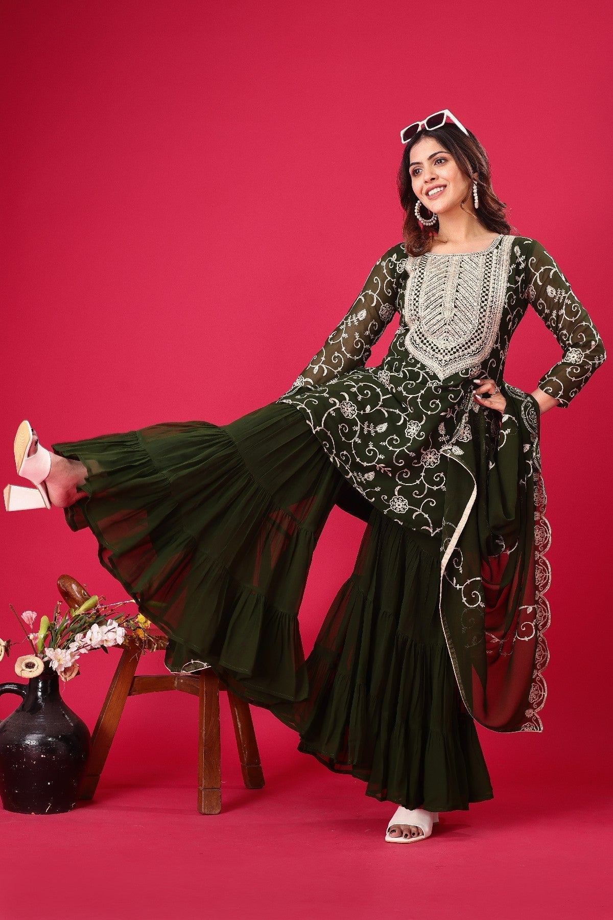 Enticing Georgette Embroidered Ruffle Top Sharara Suit - ETHNICDEAL