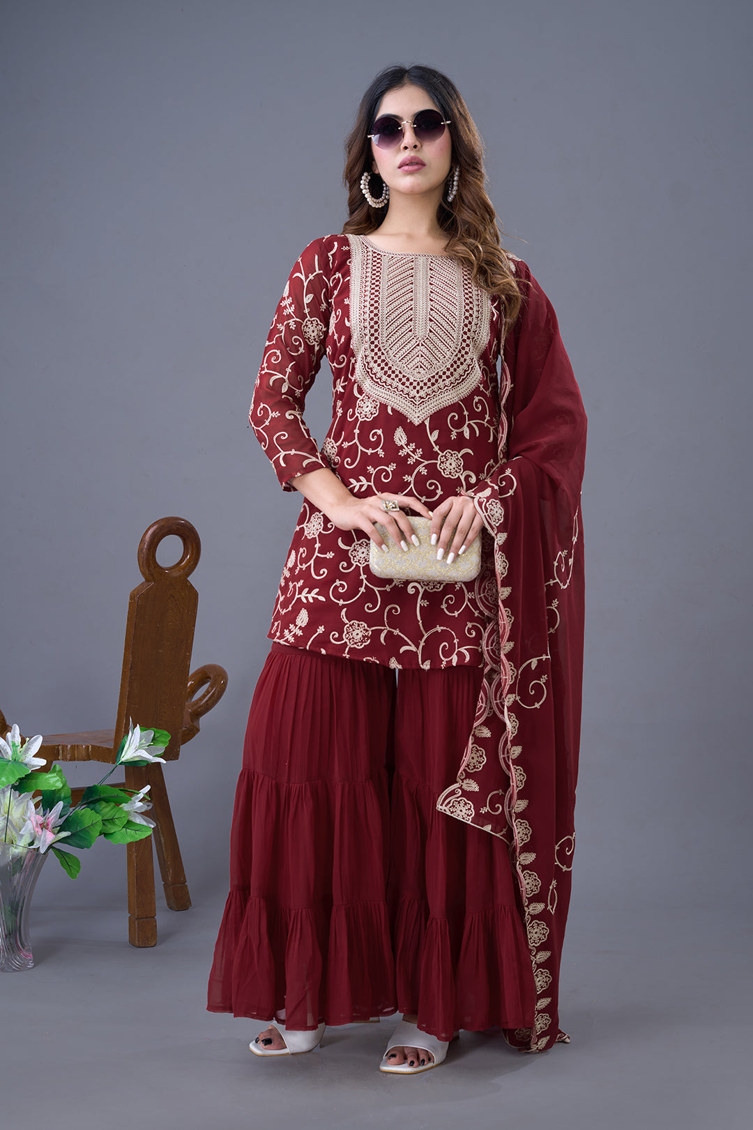 Enticing Georgette Embroidered Ruffle Top Sharara Suit - ETHNICDEAL