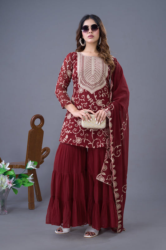 Enticing Georgette Embroidered Ruffle Top Sharara Suit - ETHNICDEAL