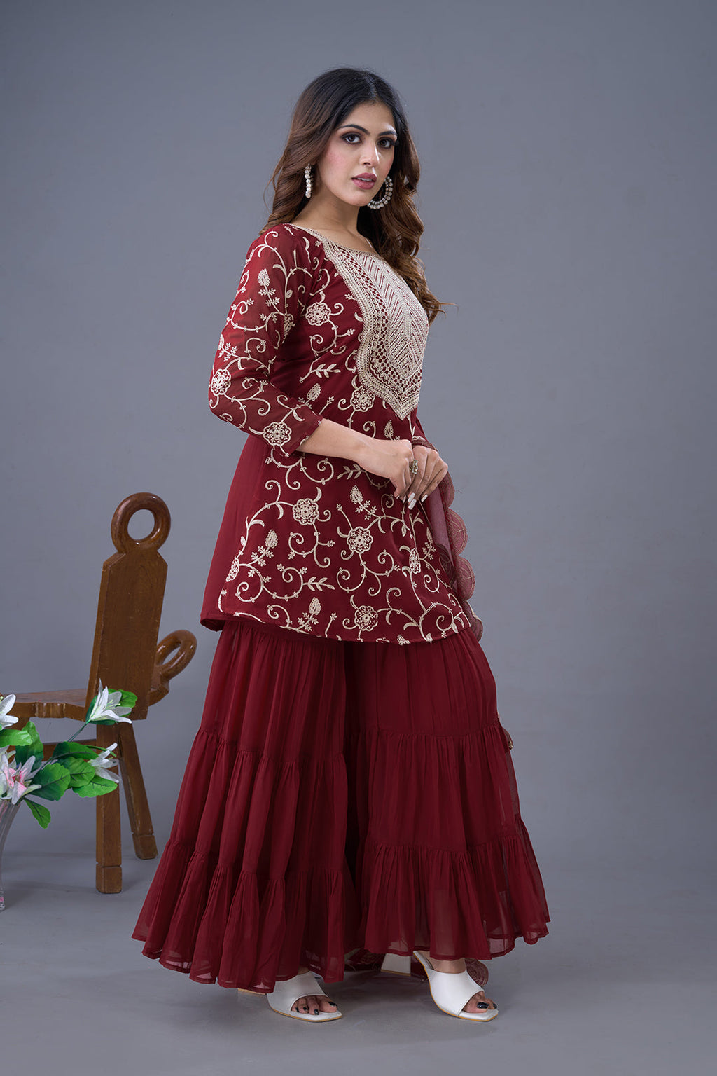 Enticing Georgette Embroidered Ruffle Top Sharara Suit - ETHNICDEAL