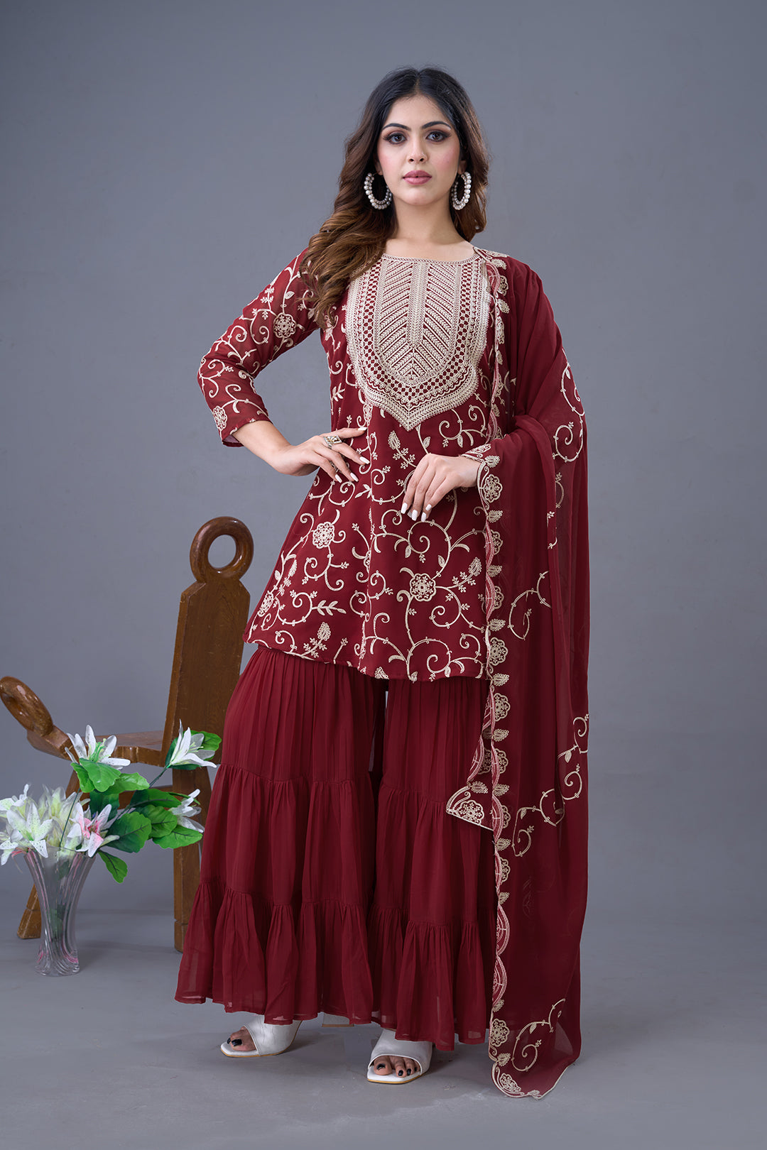 Enticing Georgette Embroidered Ruffle Top Sharara Suit - ETHNICDEAL