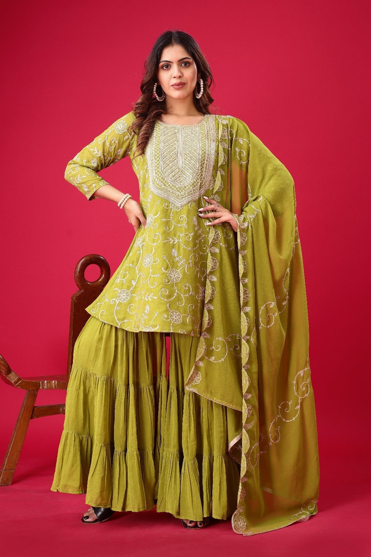 Enticing Georgette Embroidered Ruffle Top Sharara Suit - ETHNICDEAL
