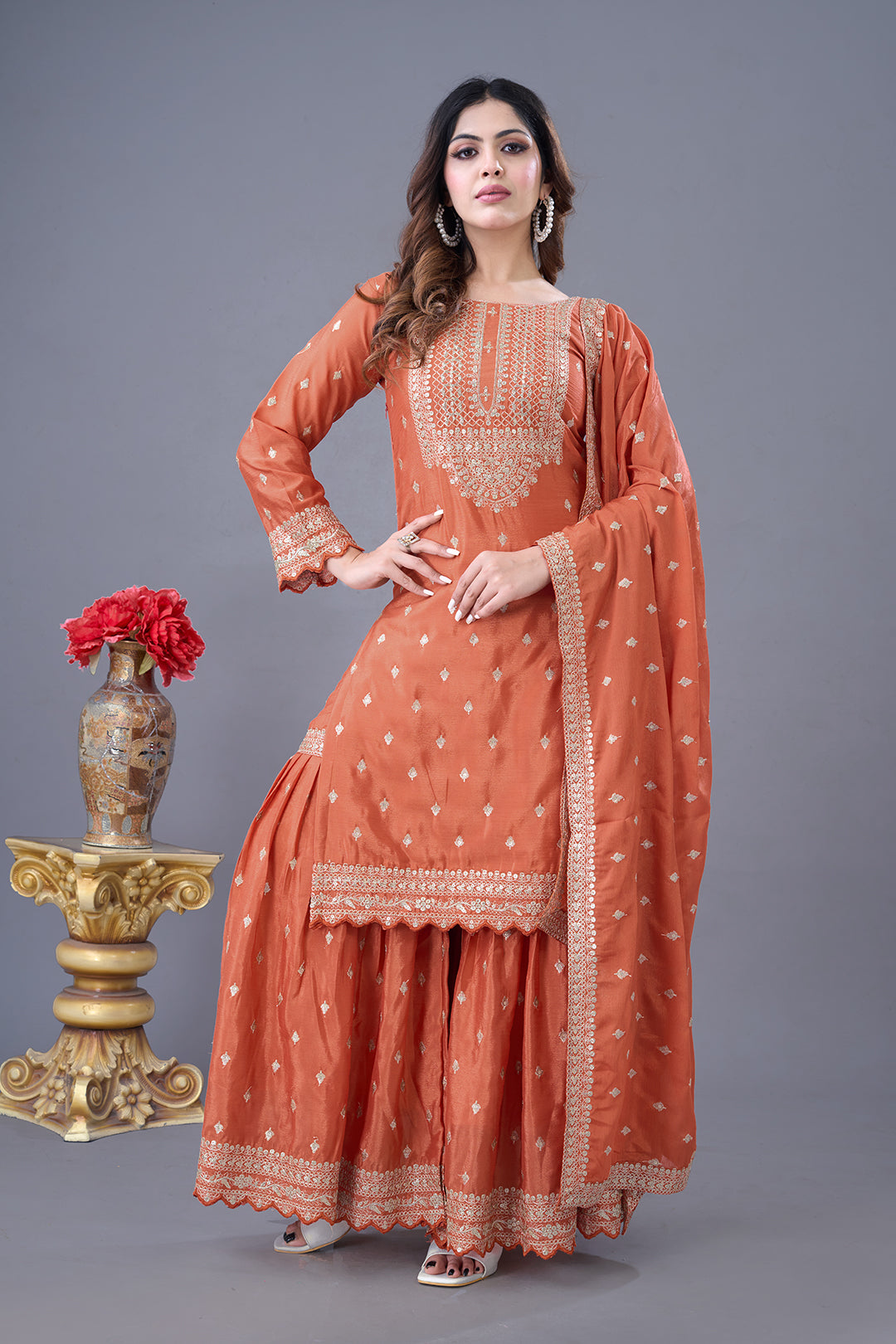 Exquisite Chinon Silk Heavy Sequins Embroidered Top Sharara Suit - ETHNICDEAL